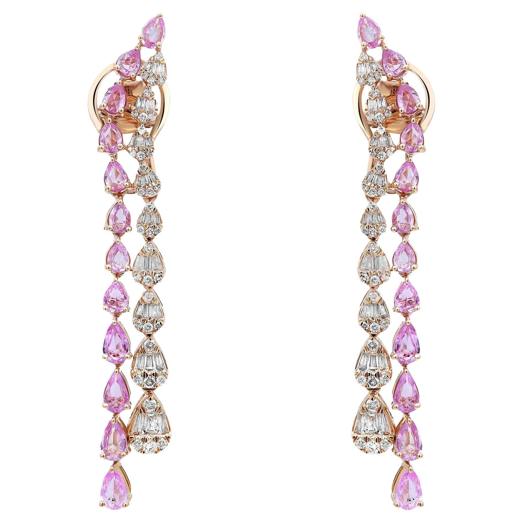 Pink Sapphire 3.03Ctw And Diamond 1.20Cttw Long Tassel Earrings 14K Yellow Gold