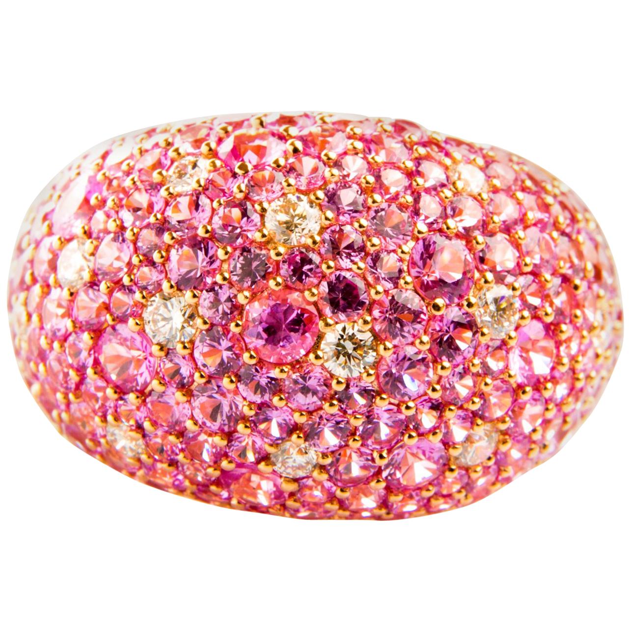 Pink Sapphire 5.95 Carat and Diamond 0.44 Carat Ring in Yellow Gold 18 Karat For Sale