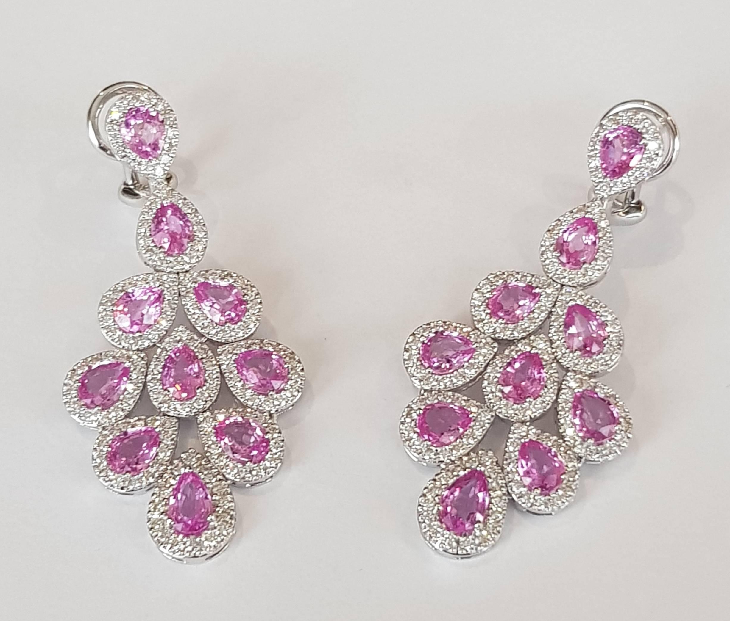 Modern Pink Sapphire 7.56 Carat and Diamond Dangle Earrings in 18 Karat White Gold For Sale