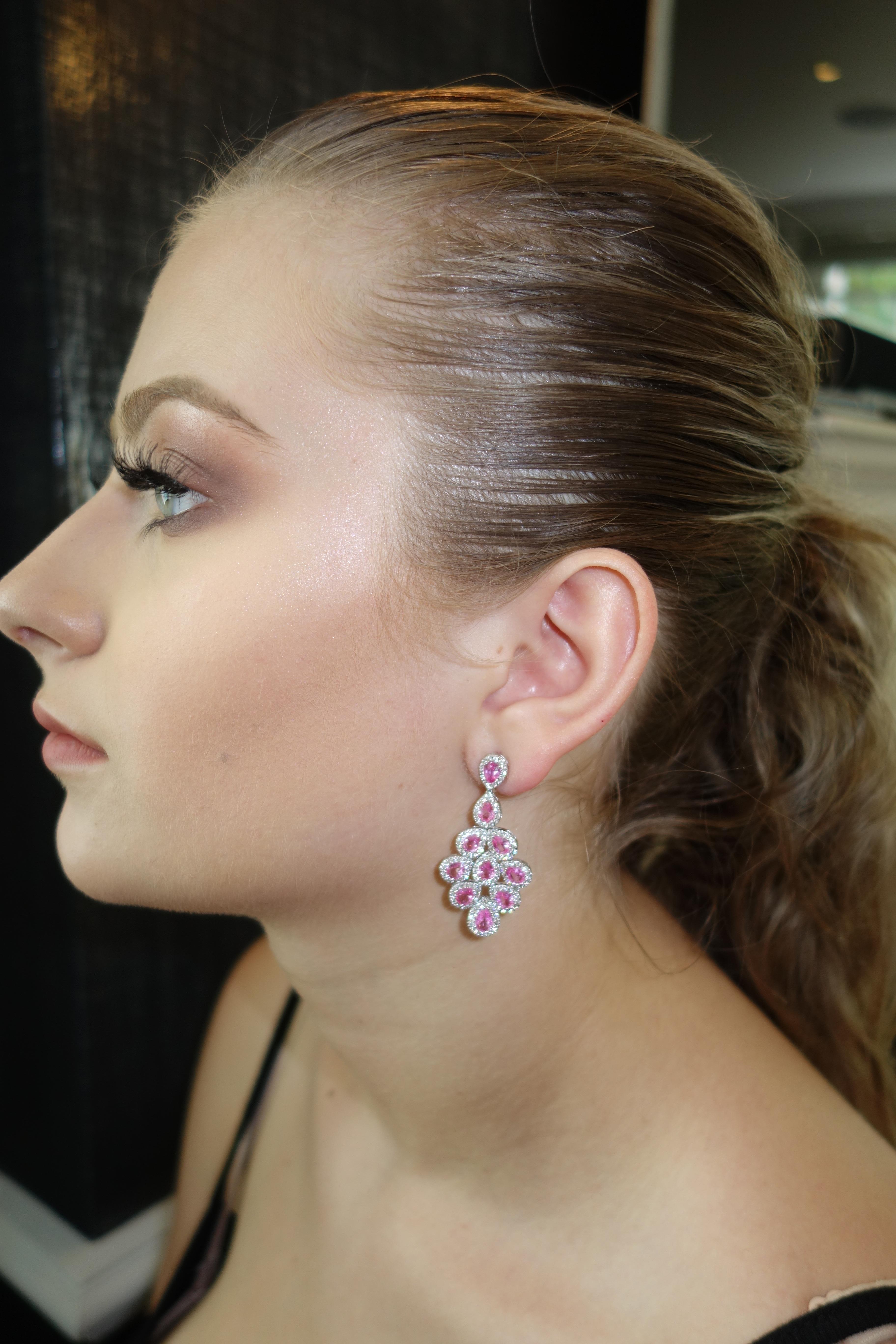 Pear Cut Pink Sapphire 7.56 Carat and Diamond Dangle Earrings in 18 Karat White Gold For Sale