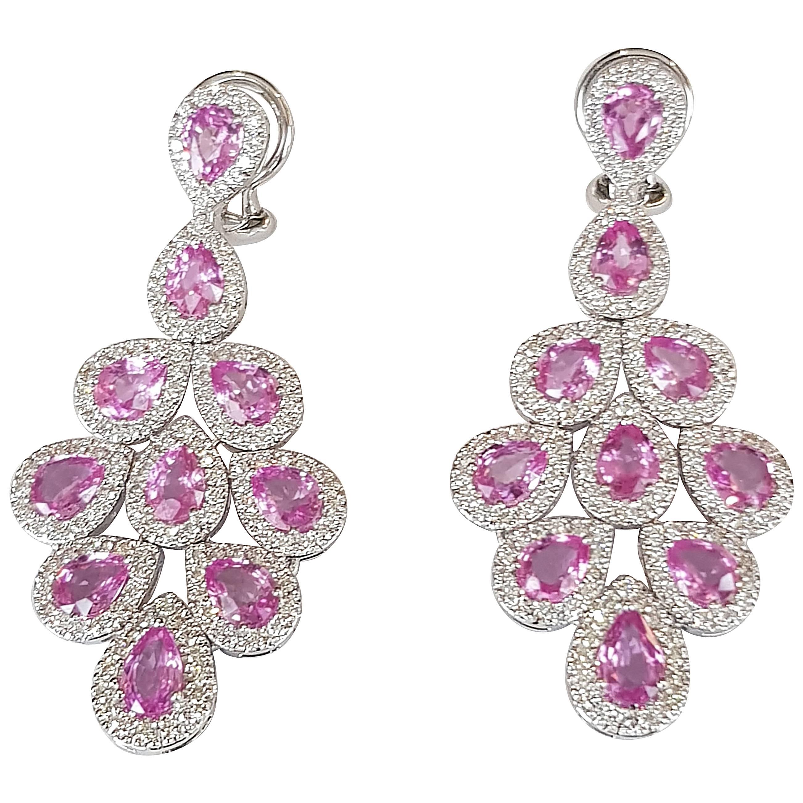 Pink Sapphire 7.56 Carat and Diamond Dangle Earrings in 18 Karat White Gold For Sale