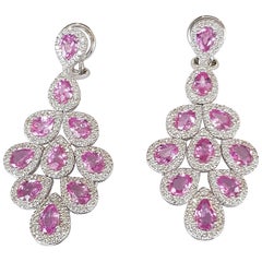 Pink Sapphire 7.56 Carat and Diamond Dangle Earrings in 18 Karat White Gold