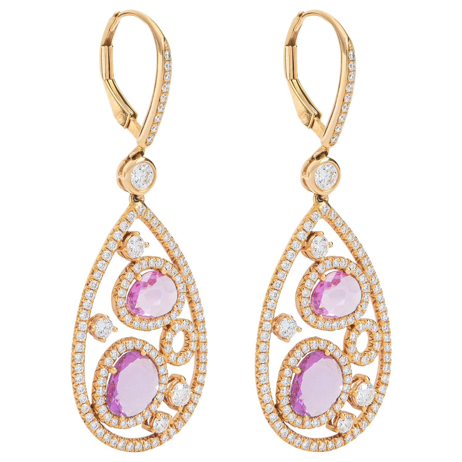 Pink Sapphire Amethyst Diamond on Rose Gold Earrings Ear Pendants