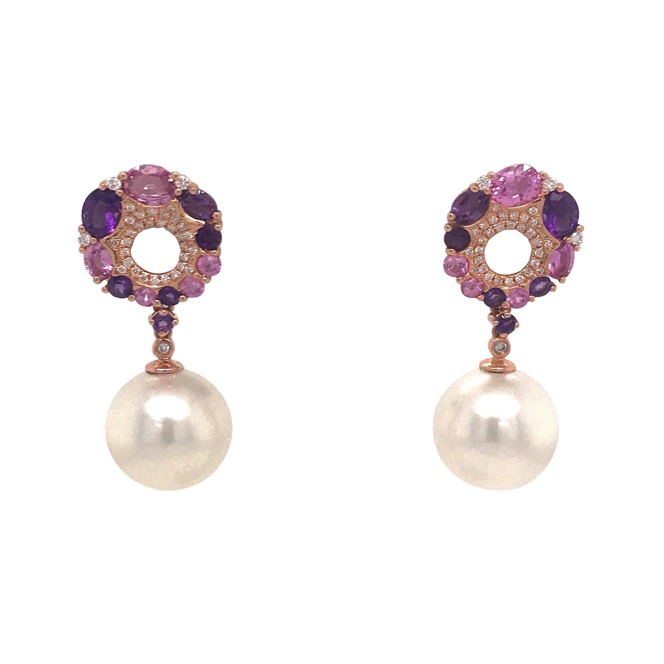 Pink Sapphire Amethyst Freshwater Pearl Drop Earrings 3.40 Carat 18 Karat Gold For Sale