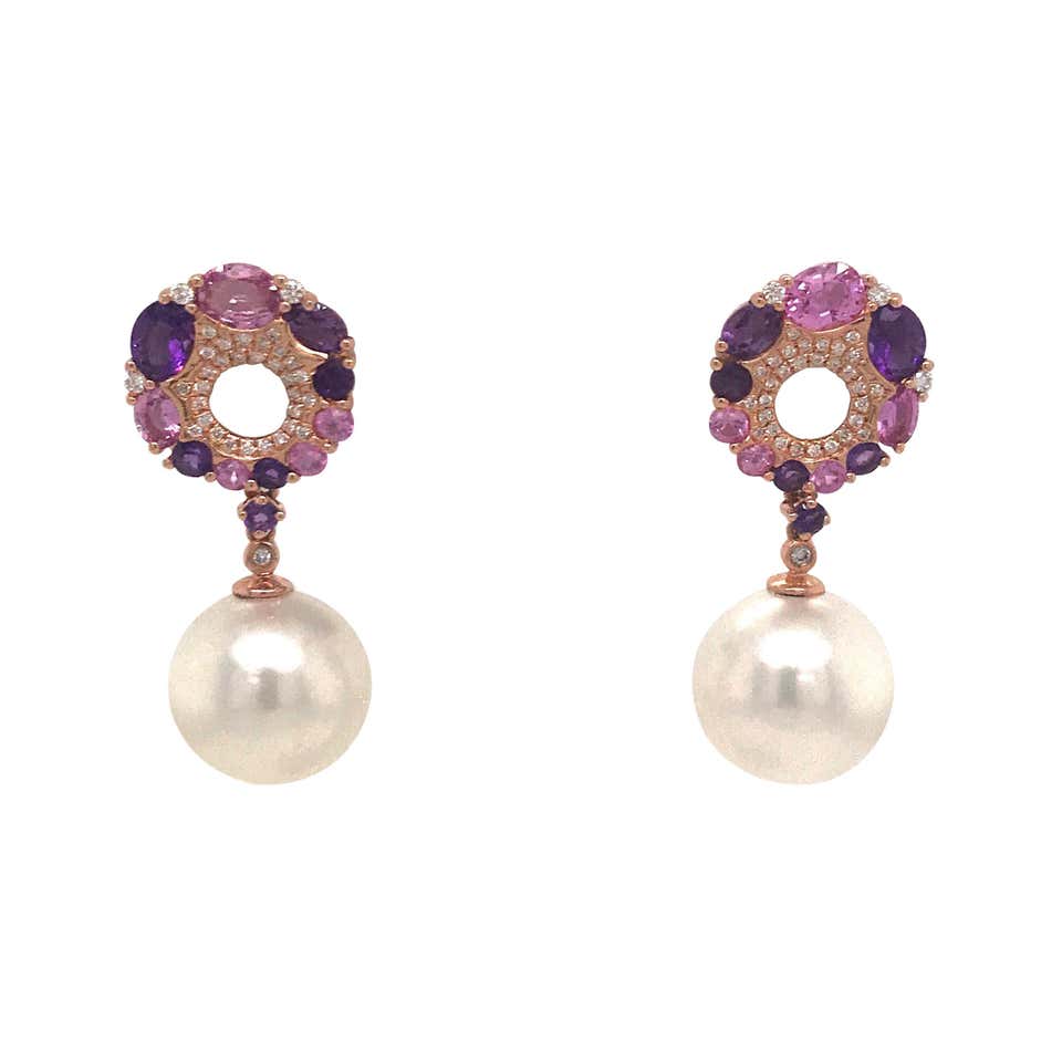 Pink Freshwater Pearl and Pink Sapphire Drop Earrings For Sale at 1stDibs