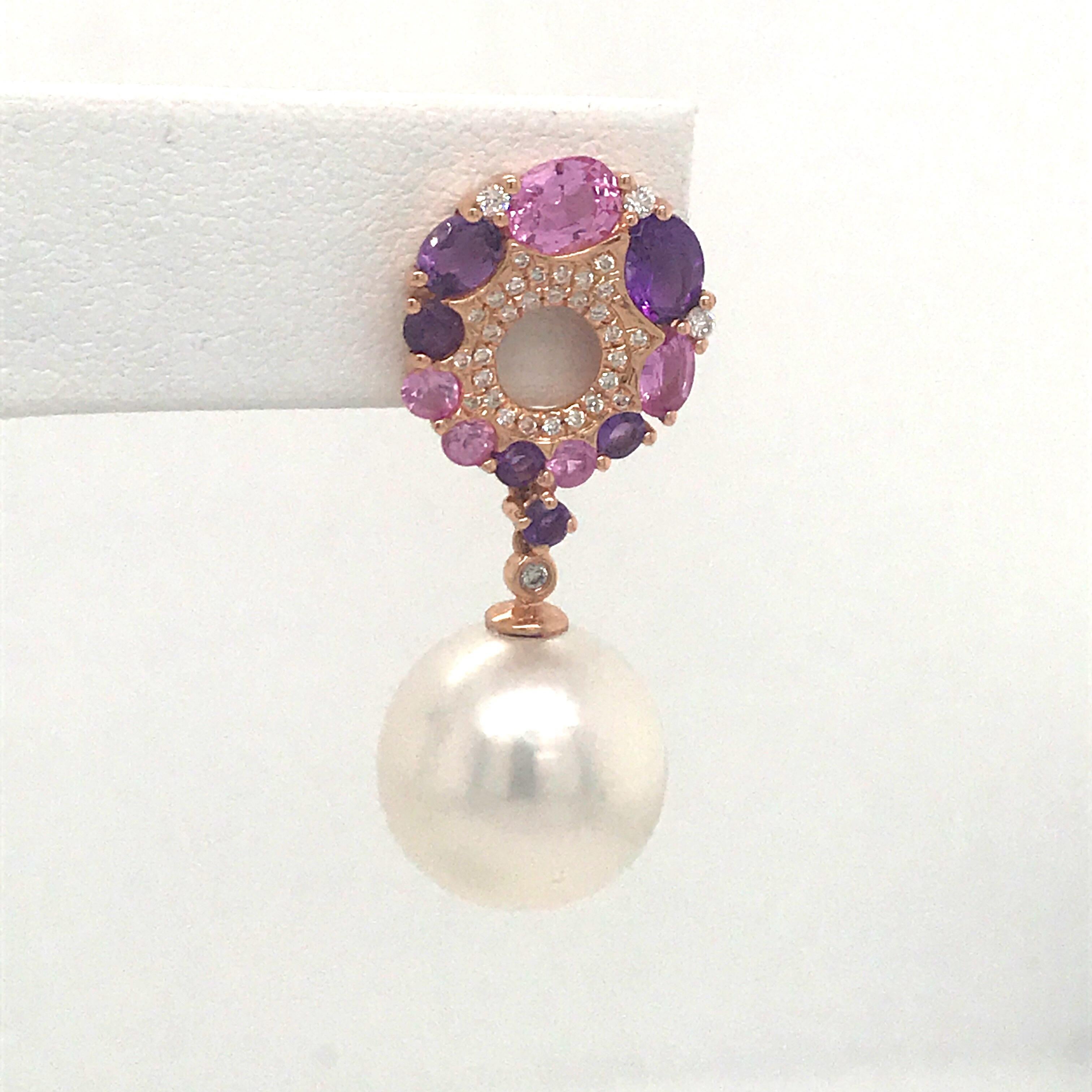 Contemporary Pink Sapphire Amethyst Freshwater Pearl Drop Earrings 3.40 Carat 18 Karat Gold For Sale