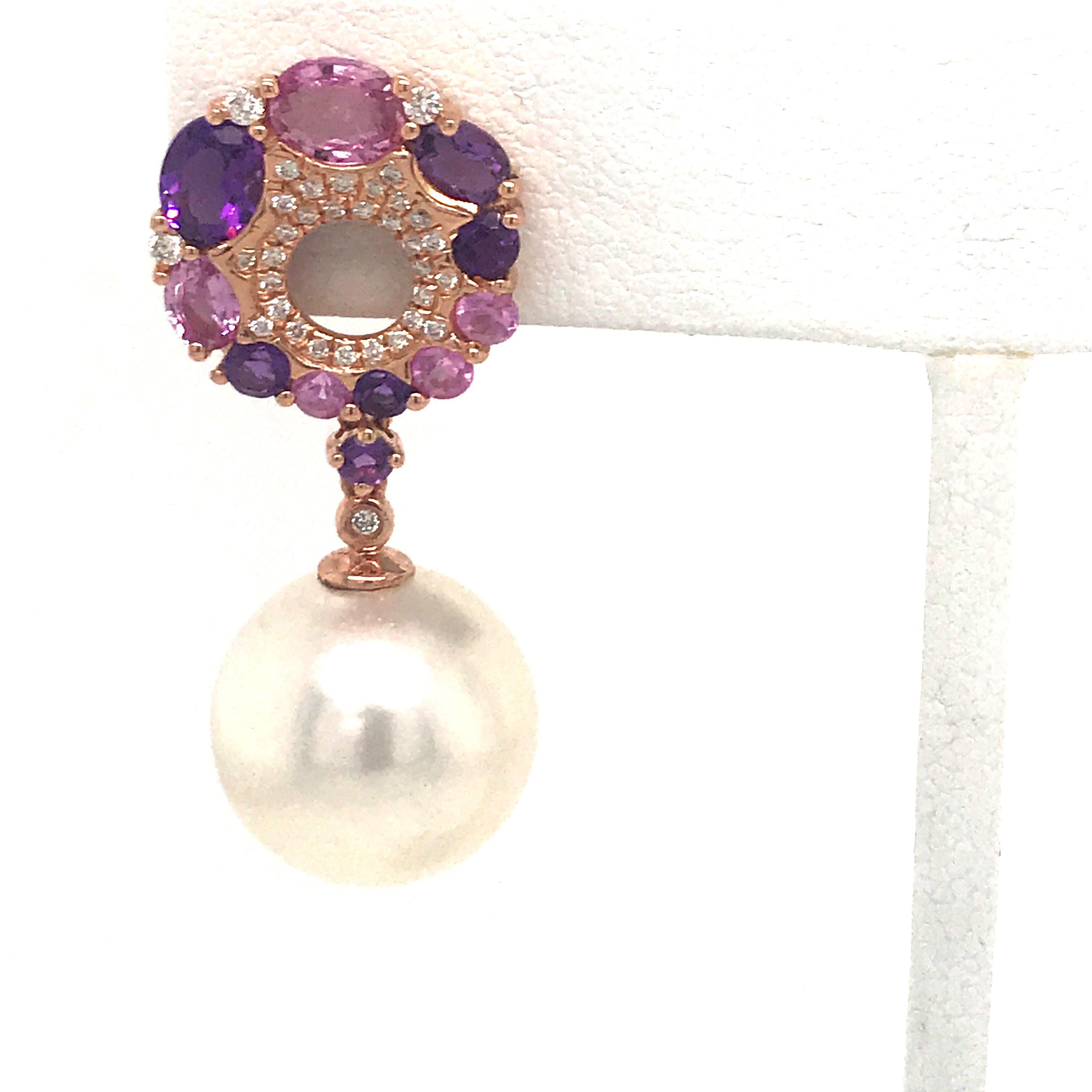 Round Cut Pink Sapphire Amethyst Freshwater Pearl Drop Earrings 3.40 Carat 18 Karat Gold For Sale