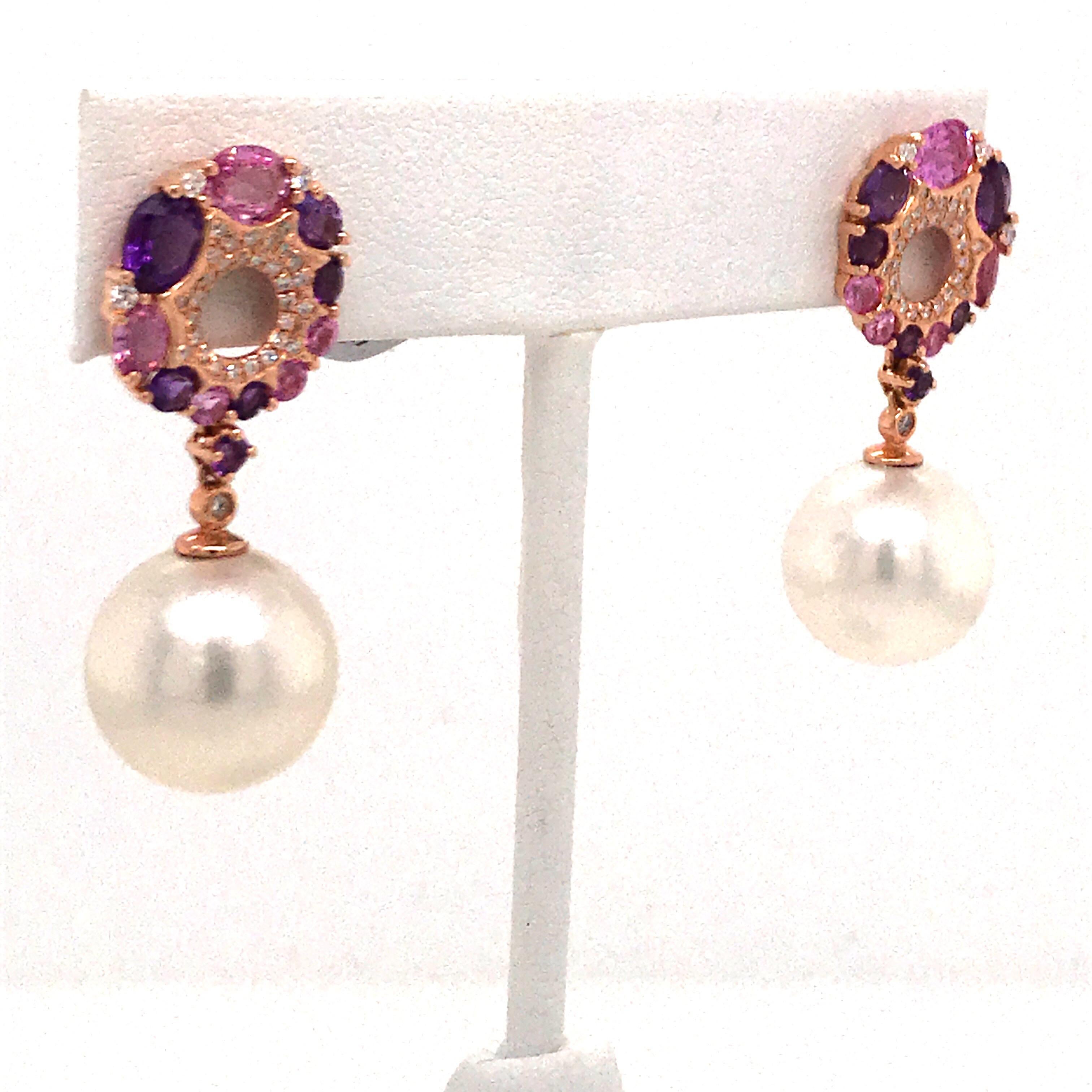 Pink Sapphire Amethyst Freshwater Pearl Drop Earrings 3.40 Carat 18 Karat Gold In New Condition For Sale In New York, NY