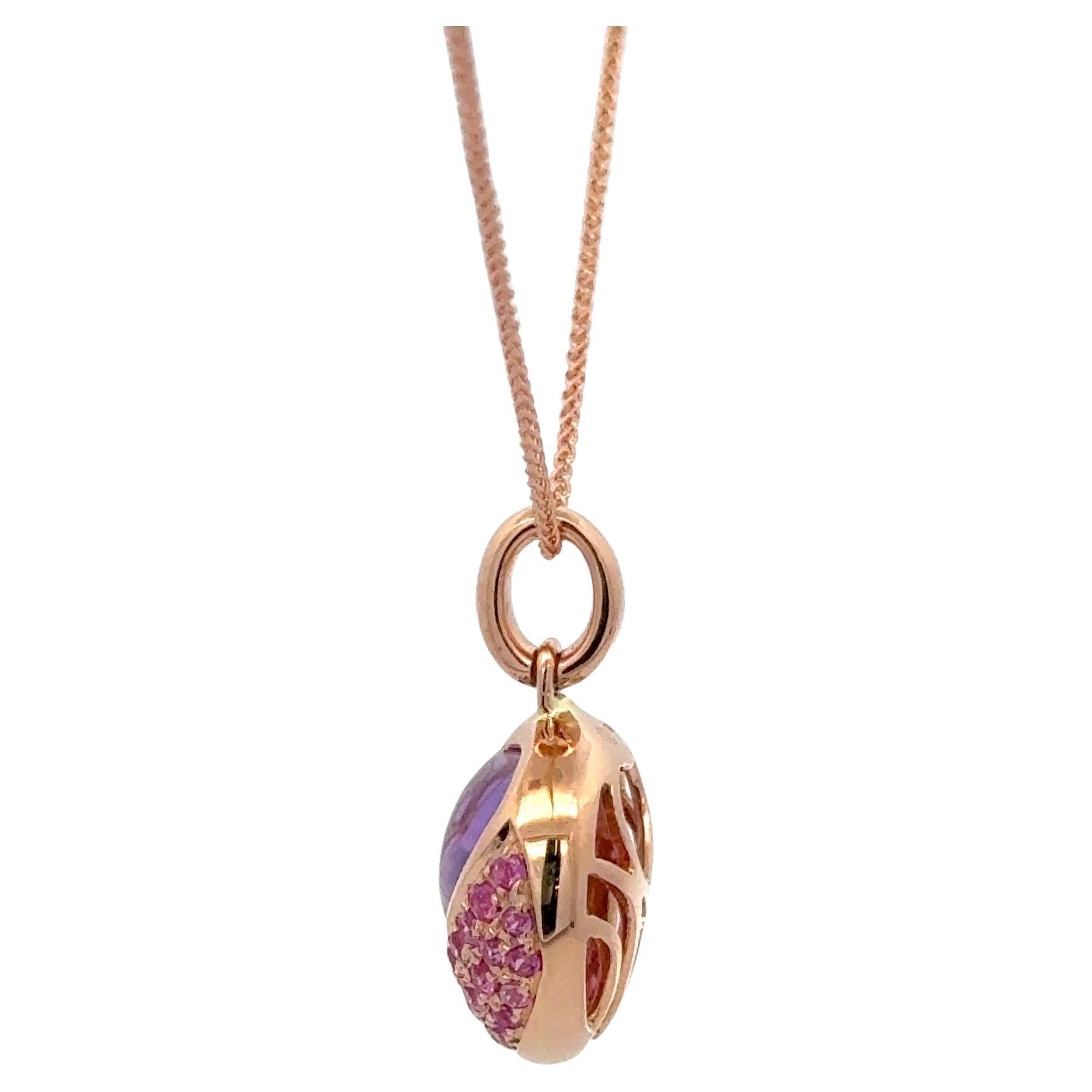 Contemporaneo Ciondolo a cuore con zaffiro rosa e ametista su collana in oro rosa 14 carati 1,94 CTS in vendita