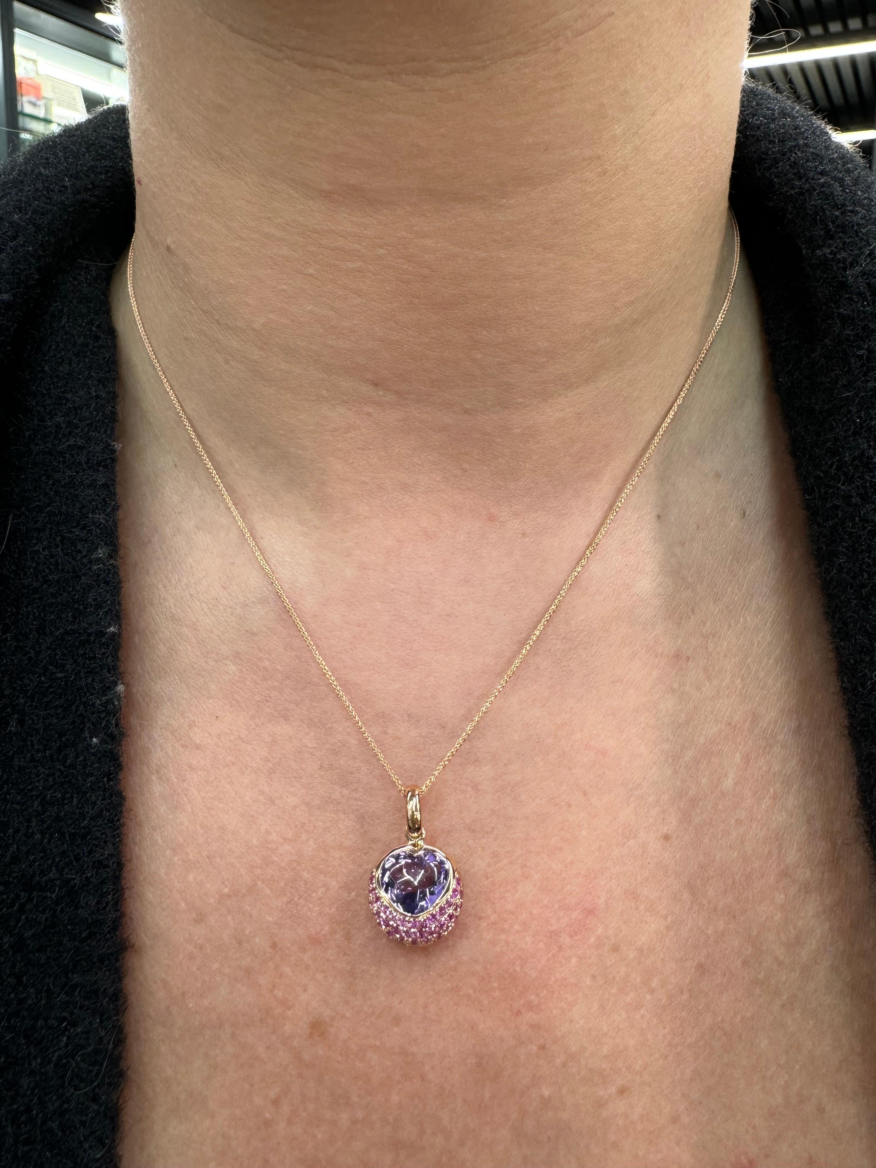 Ciondolo a cuore con zaffiro rosa e ametista su collana in oro rosa 14 carati 1,94 CTS In condizioni Nuovo in vendita a New York, NY