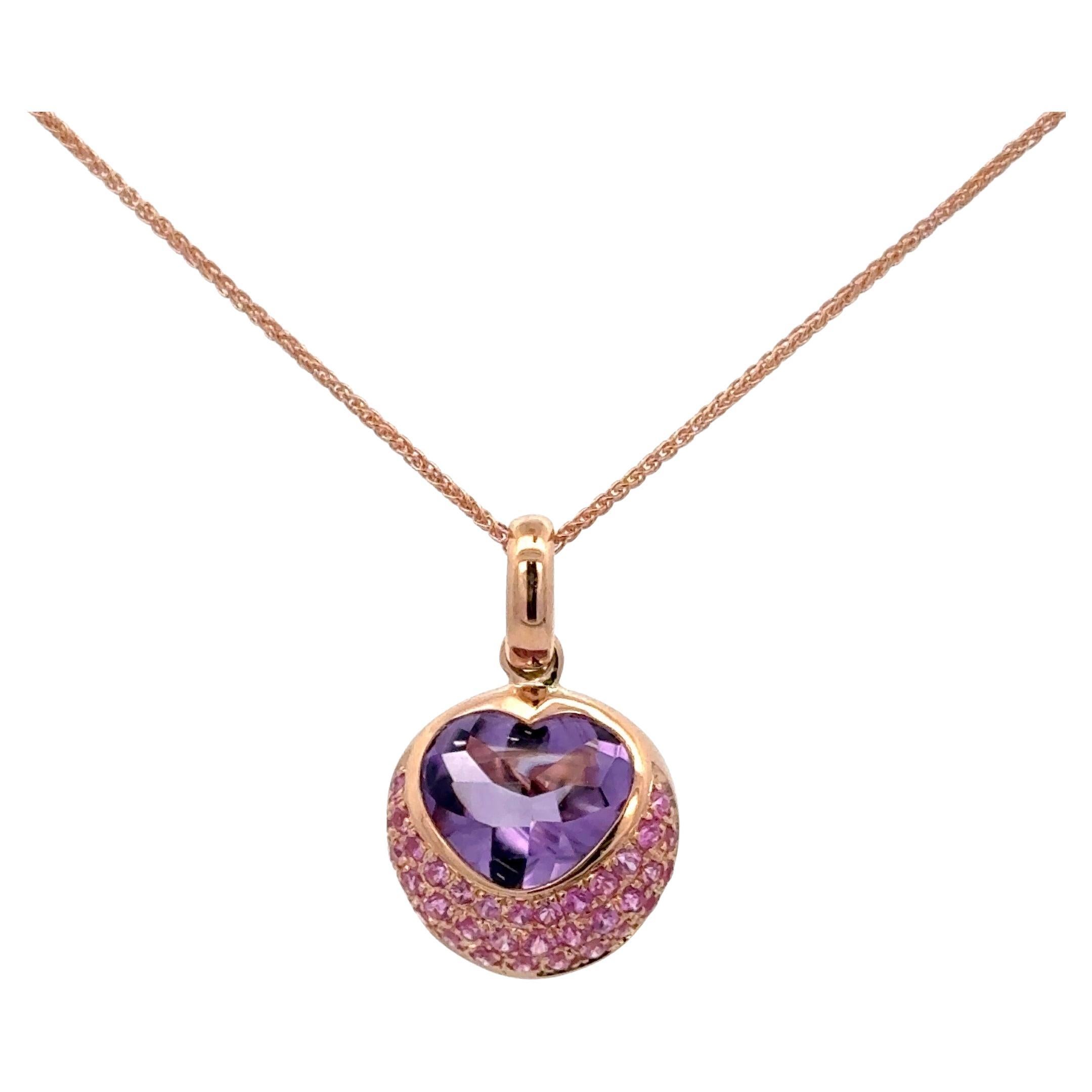 Pink Sapphire & Amethyst Heart Pendant on 14 Karat Rose Gold Necklace 1.94 CTS