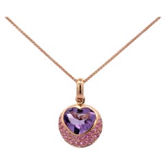 Pink Sapphire & Amethyst Heart Pendant on 14 Karat Rose Gold Necklace 1.94 CTS