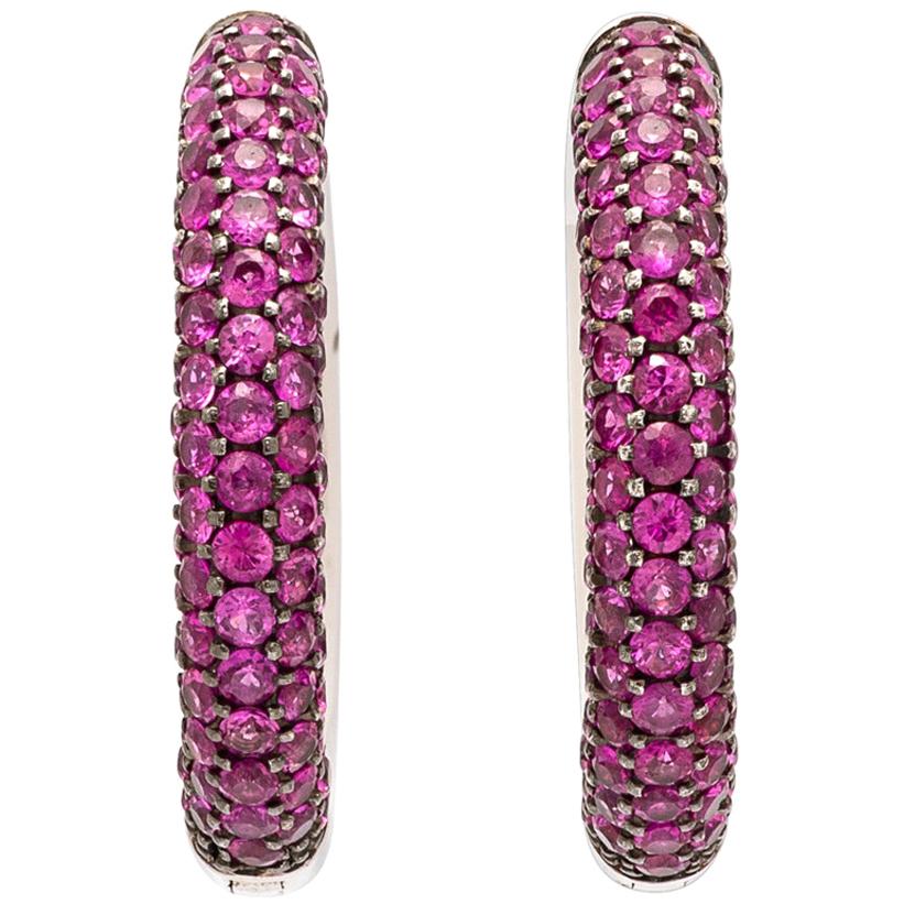 Pink Sapphire and 18 Karat White Gold Hoop Earrings