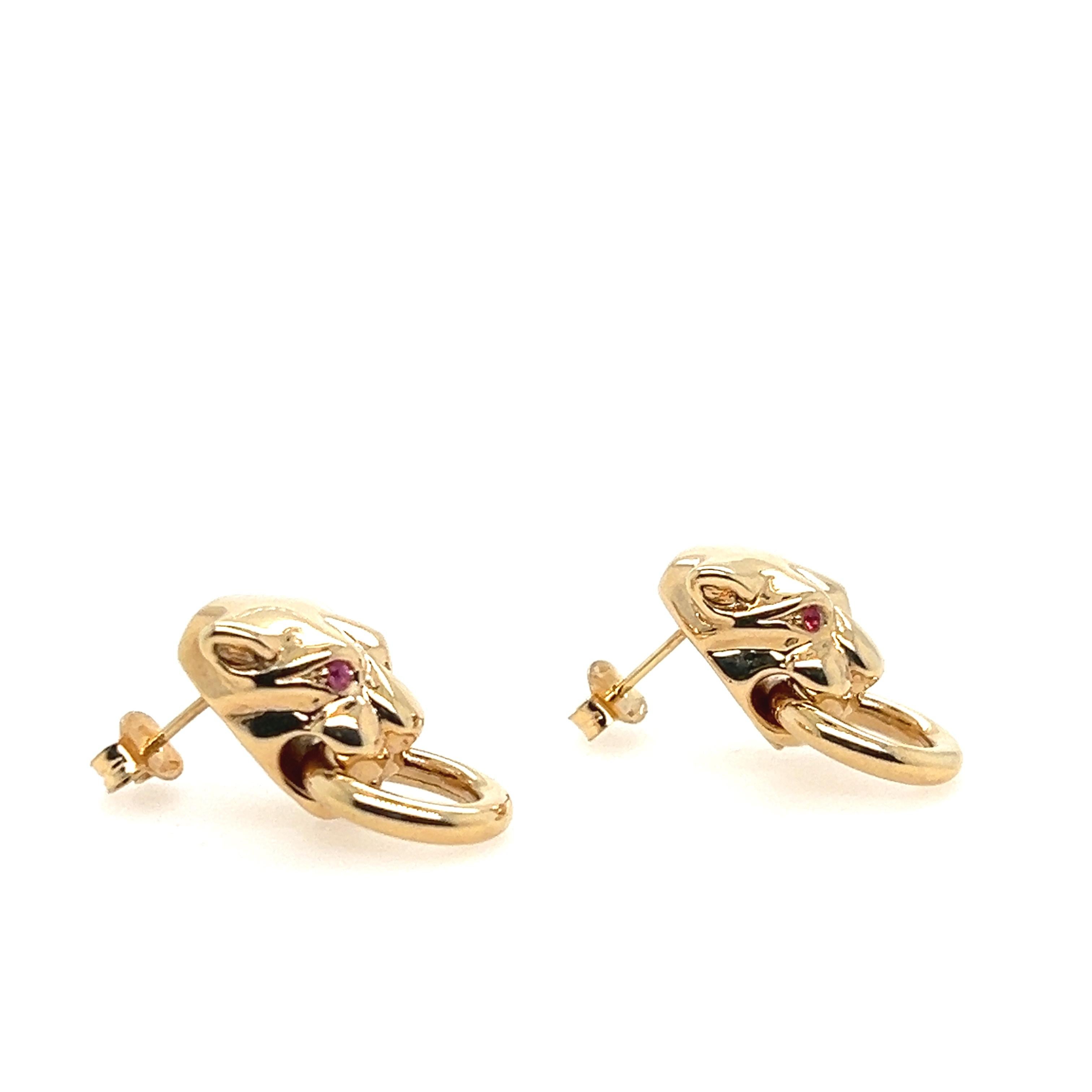 Round Cut Pink Sapphire and 18k Yellow Gold 1980s Panther Door Knocker Earrings For Sale