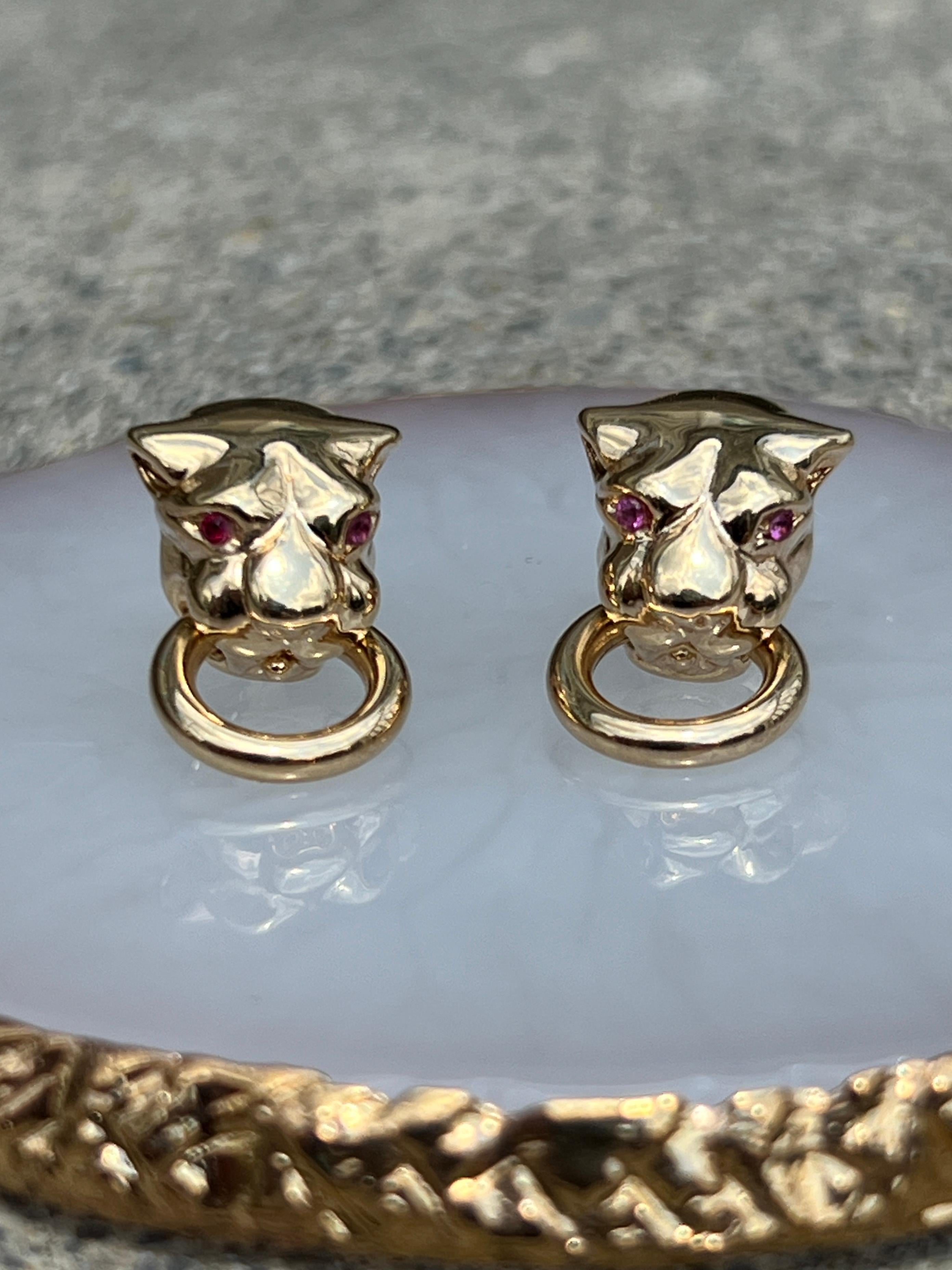 Pink Sapphire and 18k Yellow Gold 1980s Panther Door Knocker Earrings For Sale 1
