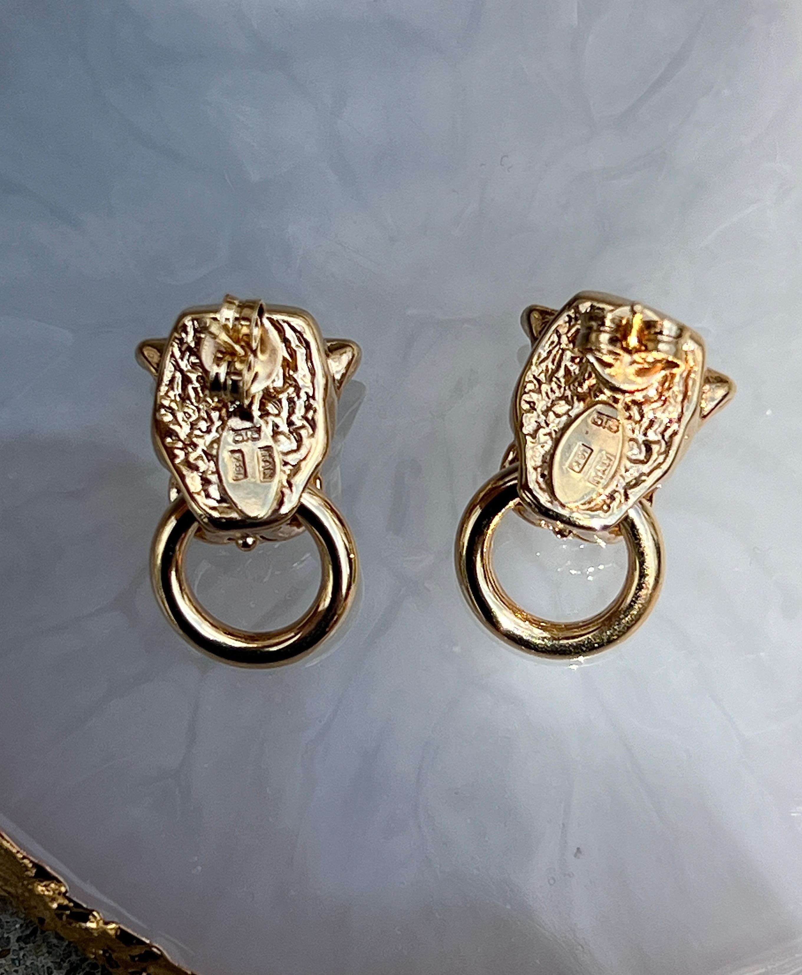 Pink Sapphire and 18k Yellow Gold 1980s Panther Door Knocker Earrings For Sale 3