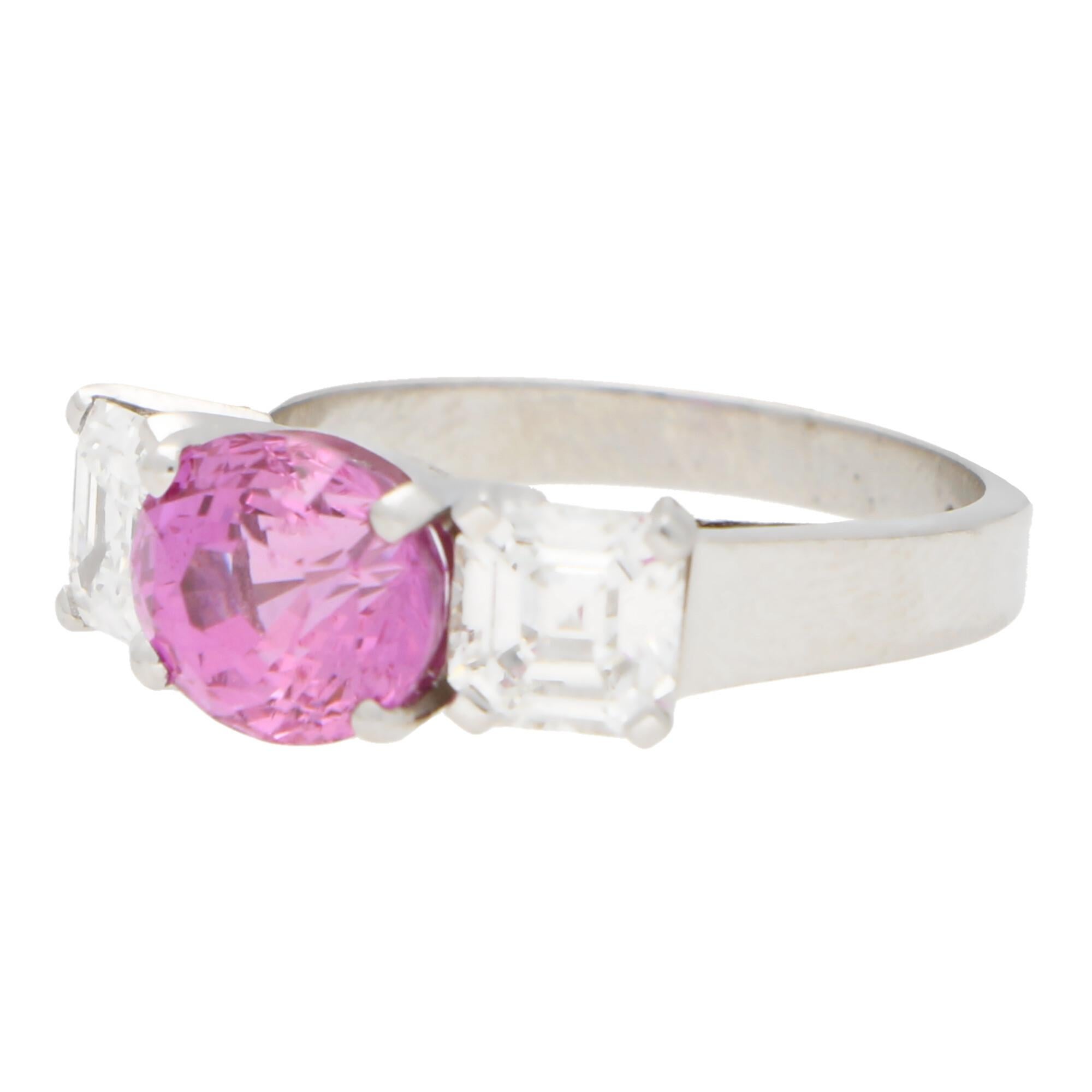 Modern Pink Sapphire and Asscher Cut Diamond Three-Stone Engagement Ring in Platinum