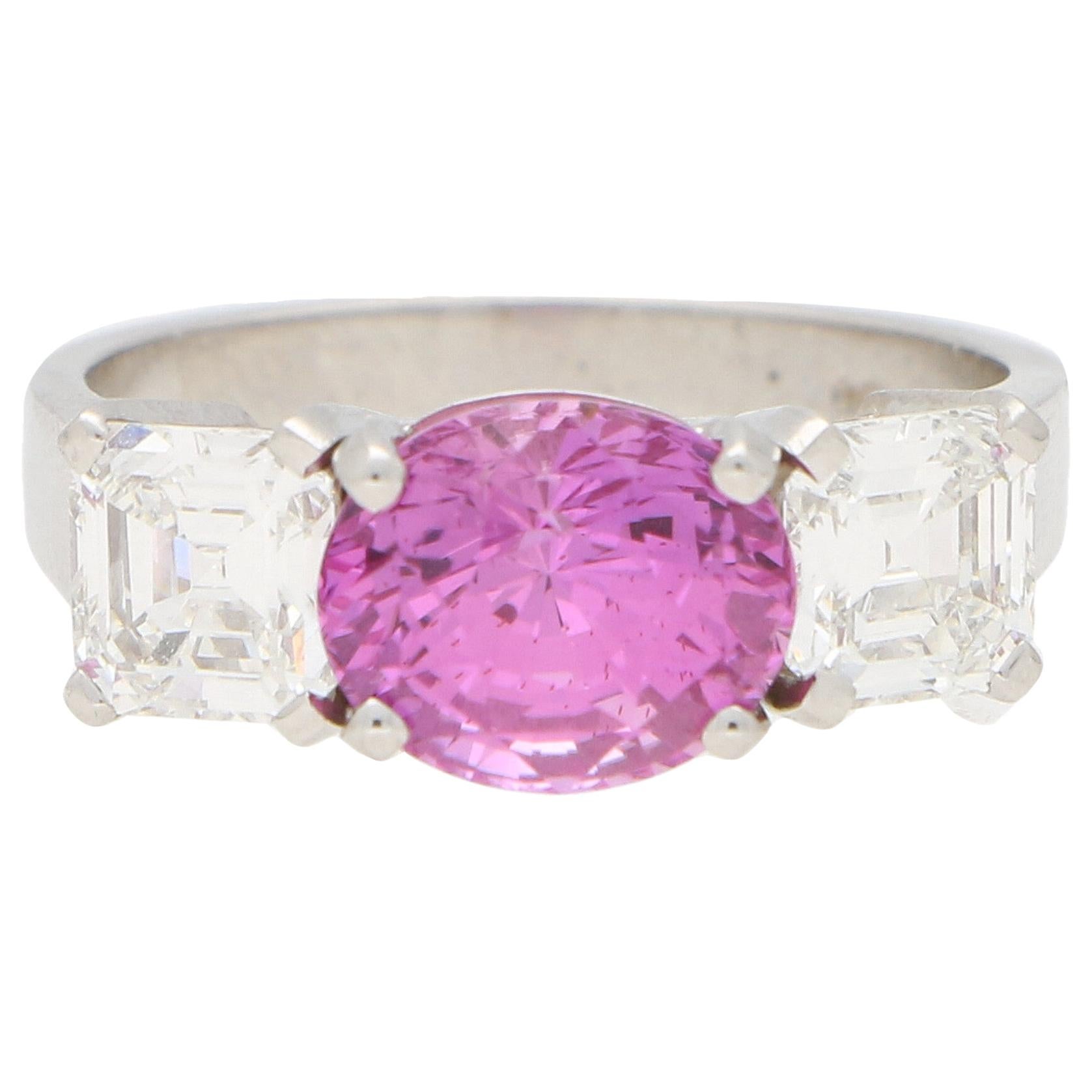 Pink Sapphire and Asscher Cut Diamond Three-Stone Engagement Ring in Platinum