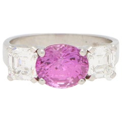 Pink Sapphire and Asscher Cut Diamond Three-Stone Engagement Ring in Platinum