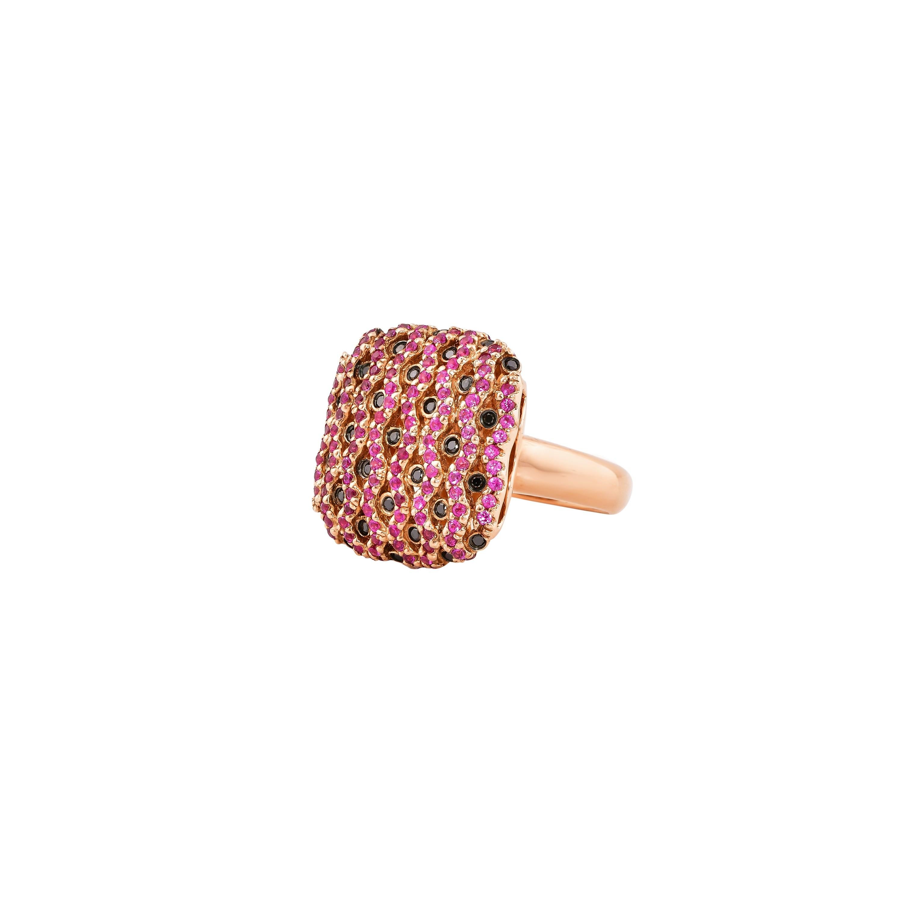 Contemporary Pink Sapphire and Black Diamond Ring in 14 Karat Rose Gold For Sale