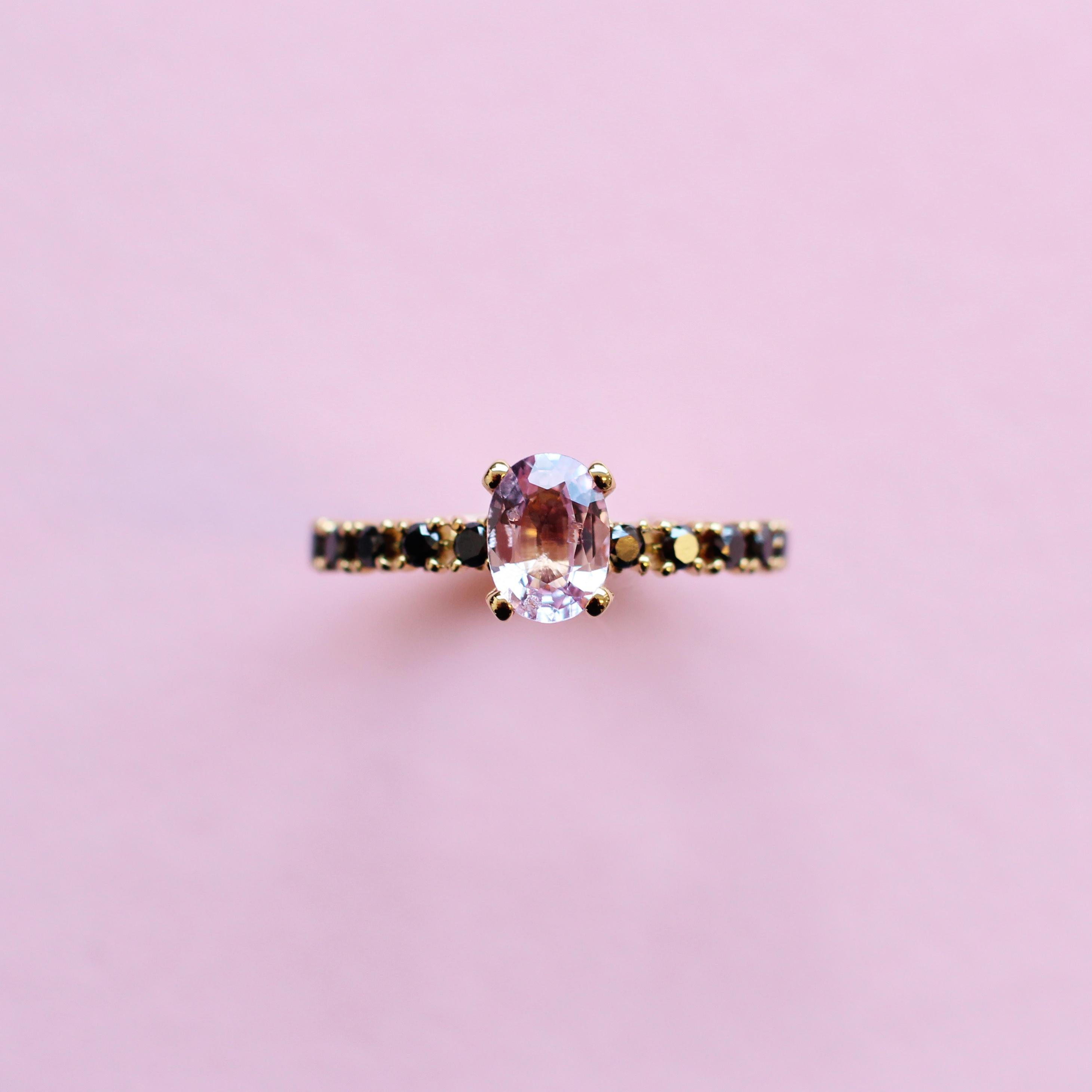 For Sale:  Pink Sapphire and Black Diamonds Solitaire Ring Set in 18 Karat Yellow Gold 4