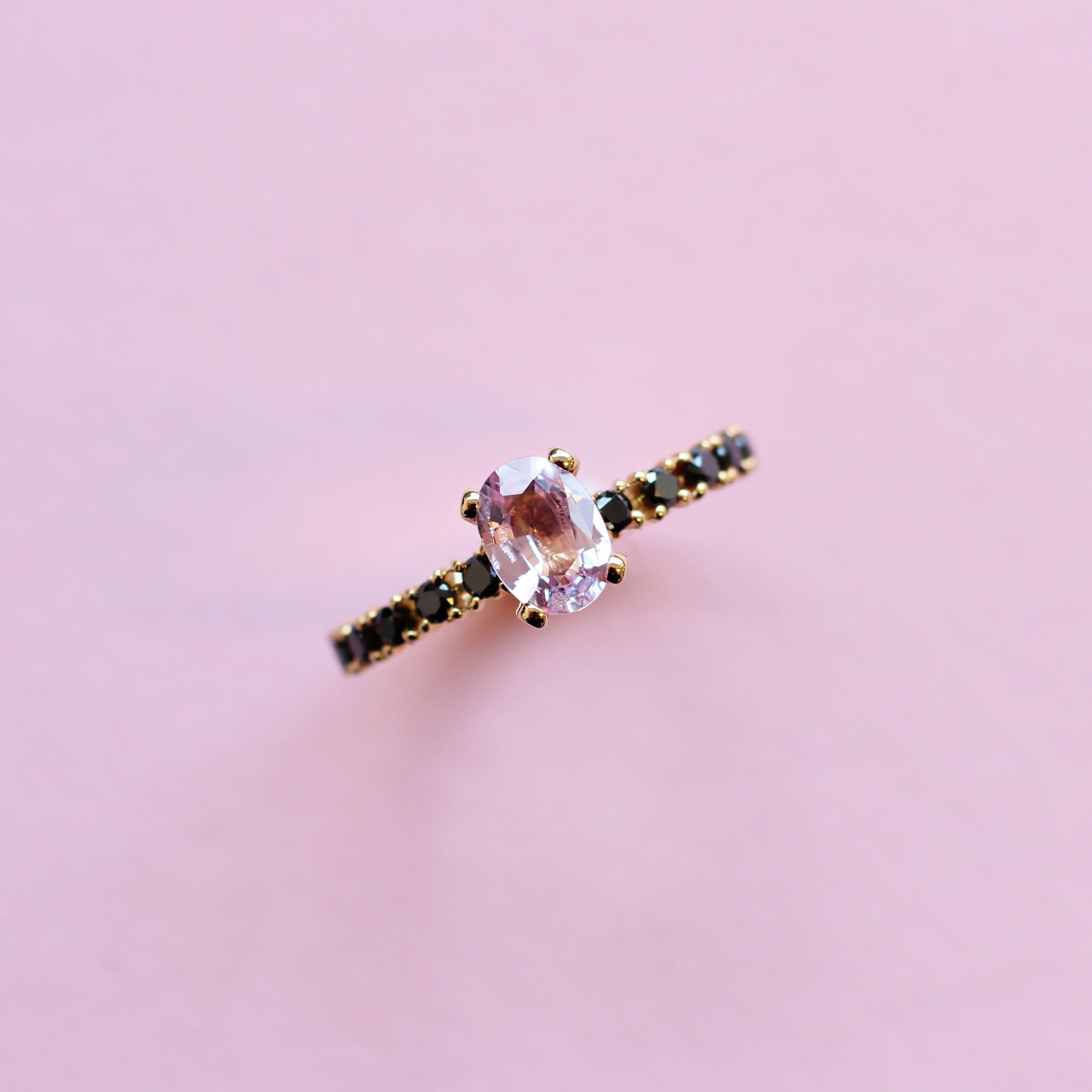 For Sale:  Pink Sapphire and Black Diamonds Solitaire Ring Set in 18 Karat Yellow Gold 5