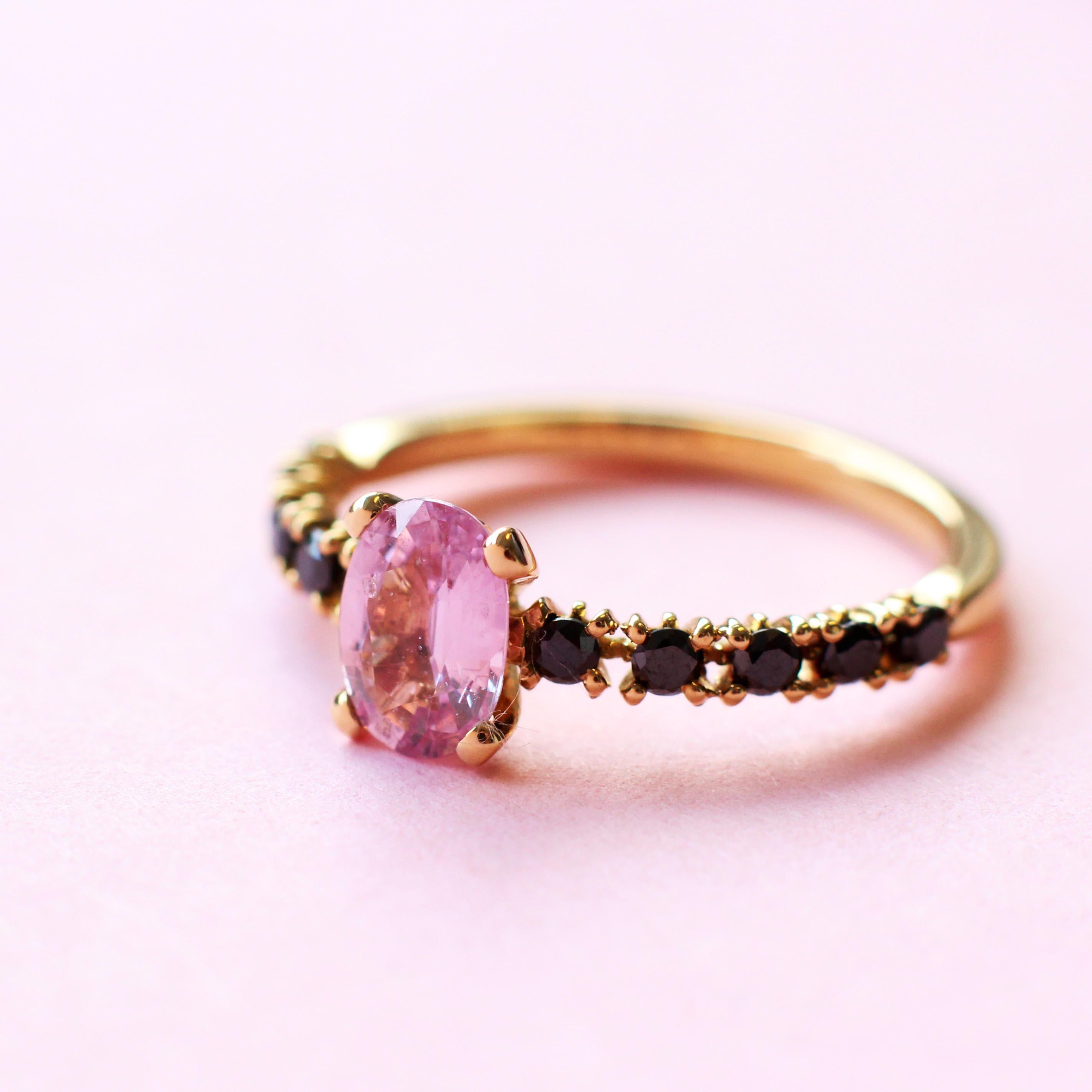 For Sale:  Pink Sapphire and Black Diamonds Solitaire Ring Set in 18 Karat Yellow Gold 7