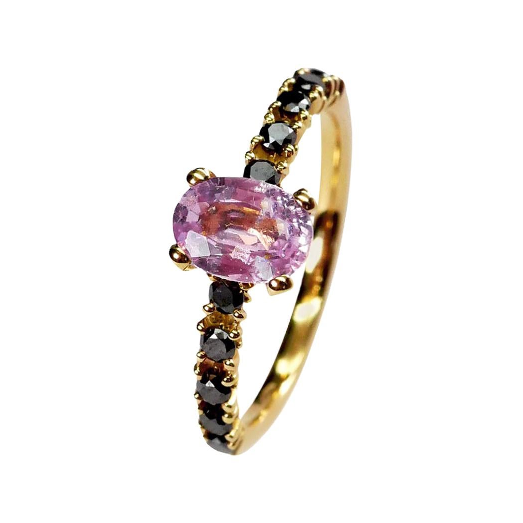 For Sale:  Pink Sapphire and Black Diamonds Solitaire Ring Set in 18 Karat Yellow Gold