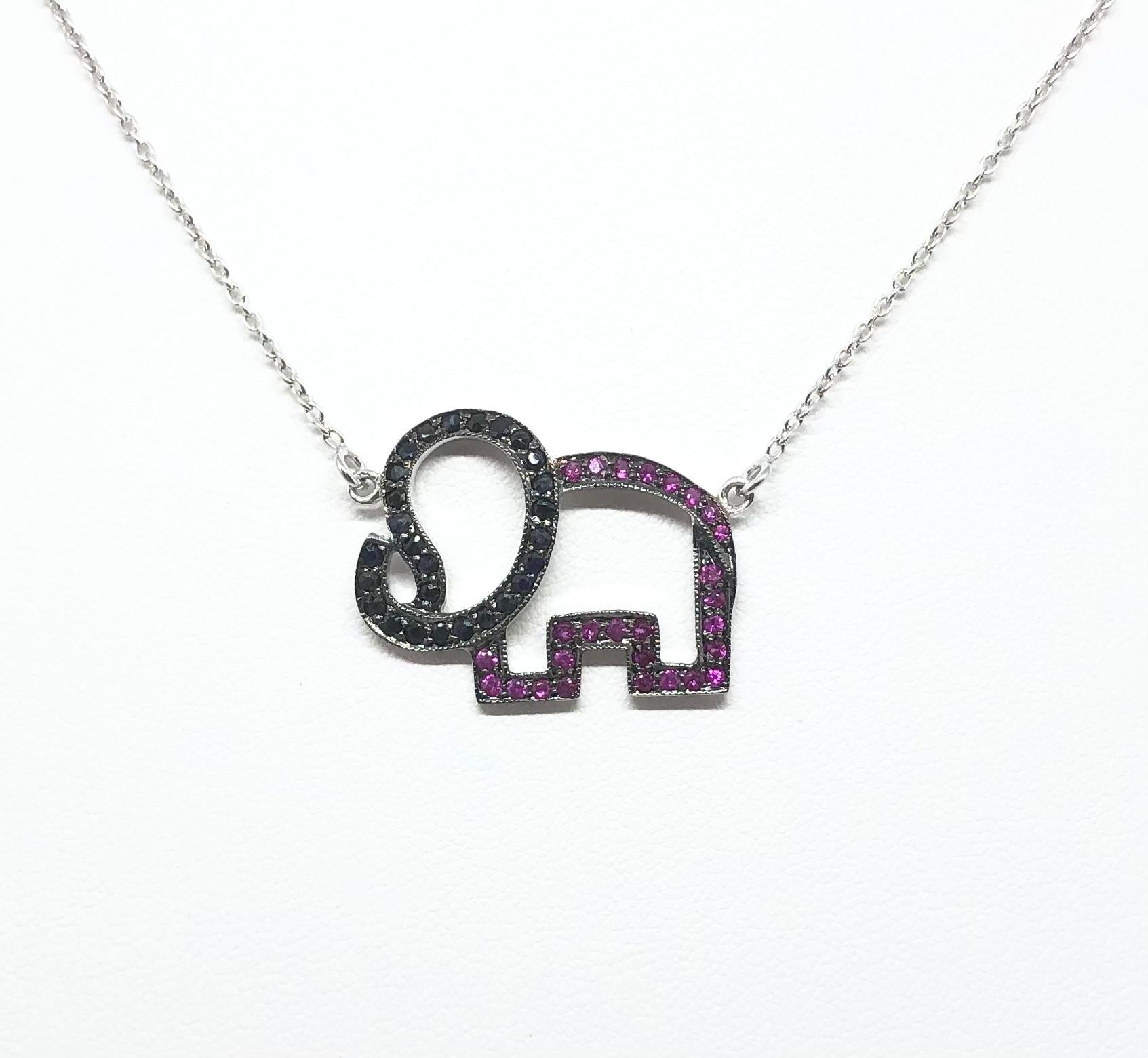 Contemporary Pink Sapphire and Black Sapphire Elephant Necklace set in Silver Settings For Sale