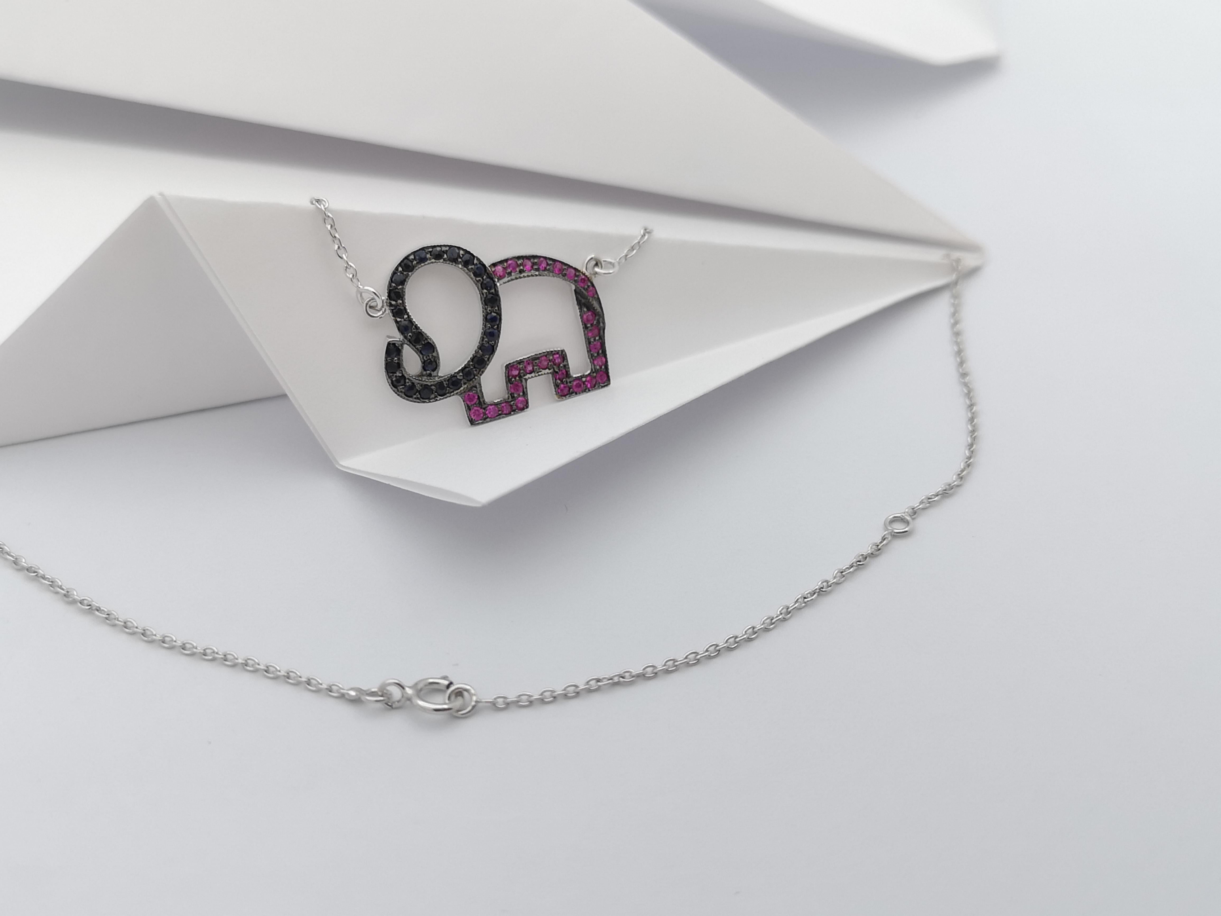 Brilliant Cut Pink Sapphire and Black Sapphire Elephant Necklace set in Silver Settings For Sale
