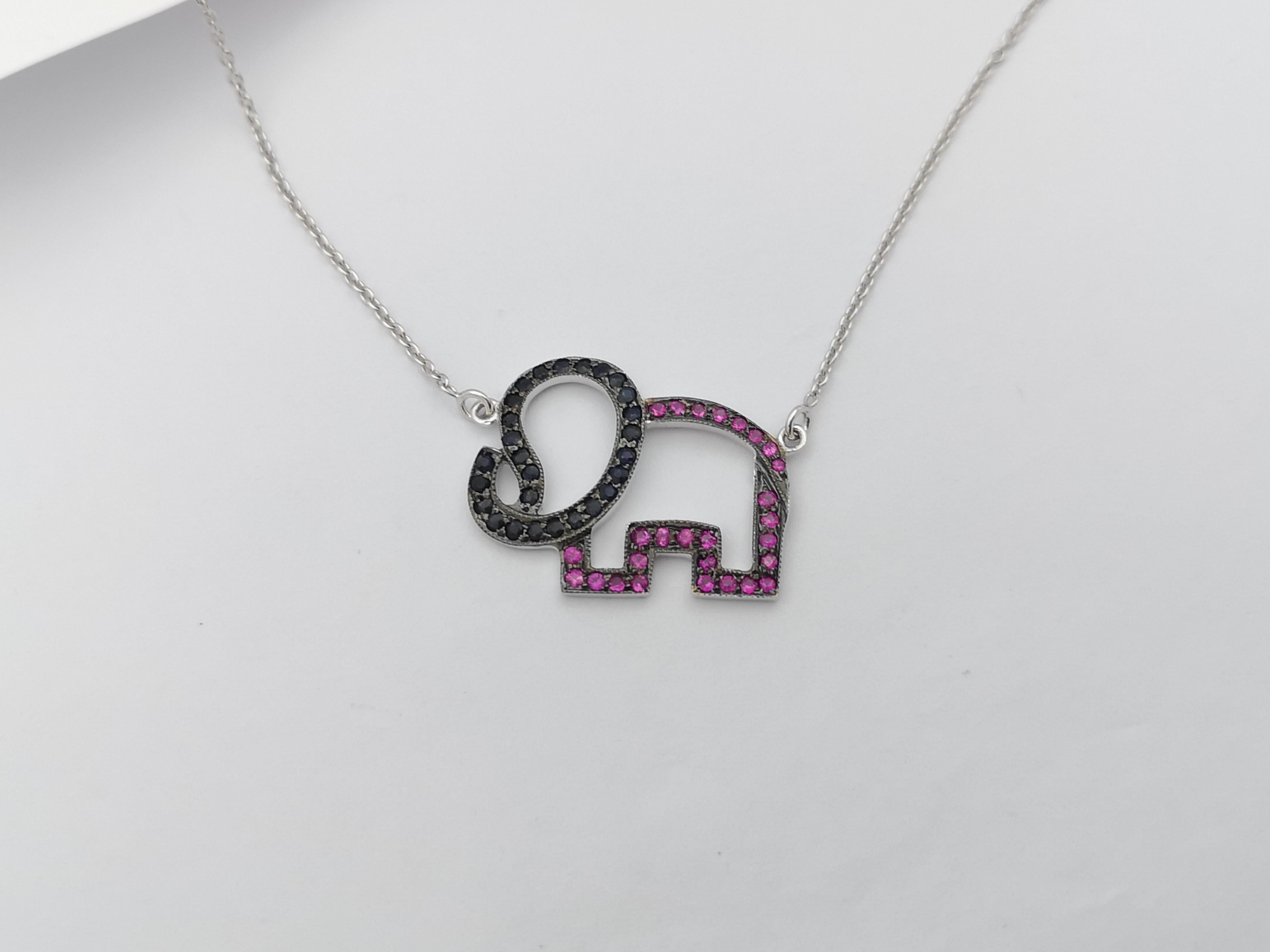 Pink Sapphire and Black Sapphire Elephant Necklace set in Silver Settings In New Condition For Sale In Dusit, 10