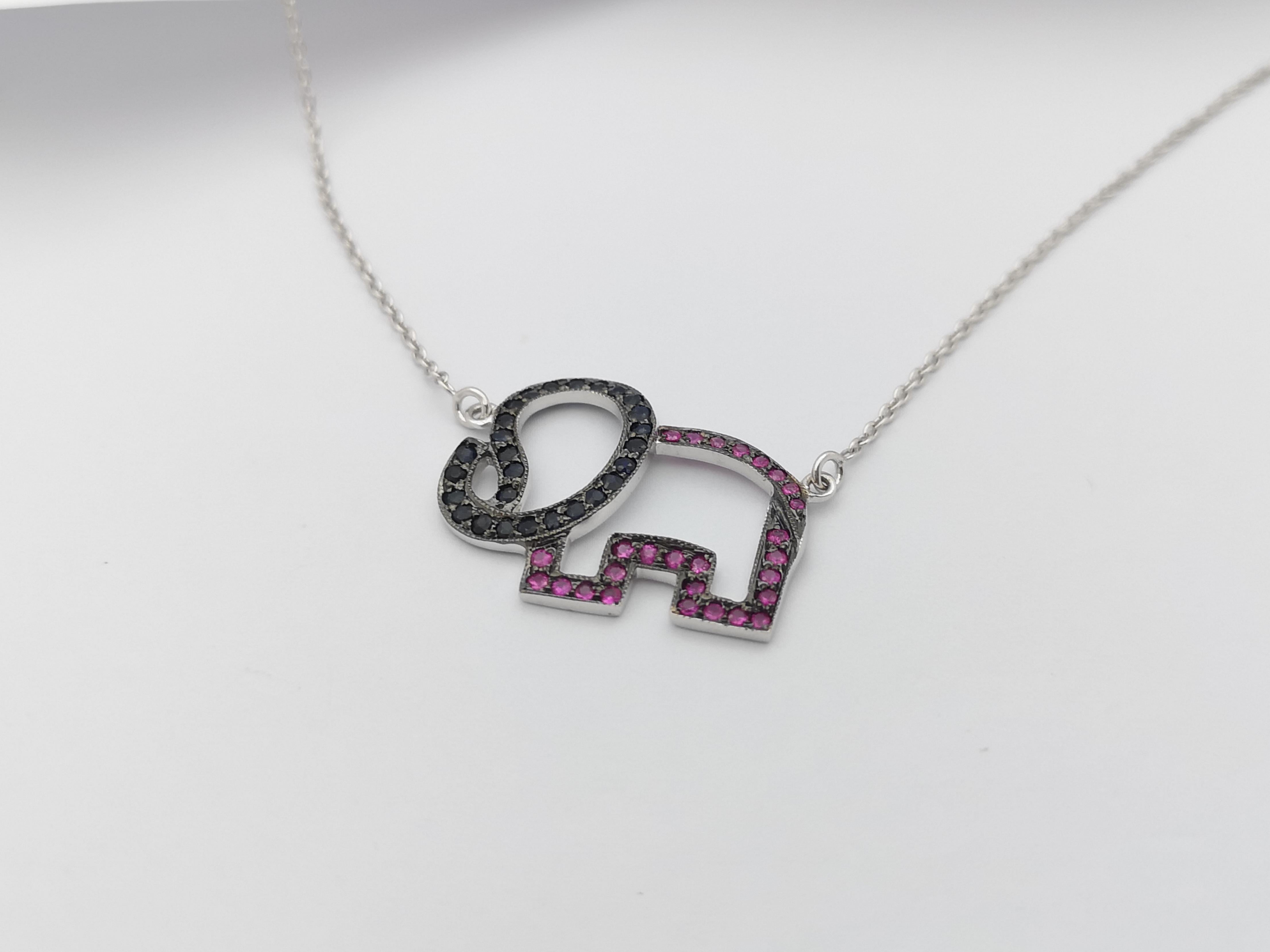 Women's or Men's Pink Sapphire and Black Sapphire Elephant Necklace set in Silver Settings For Sale