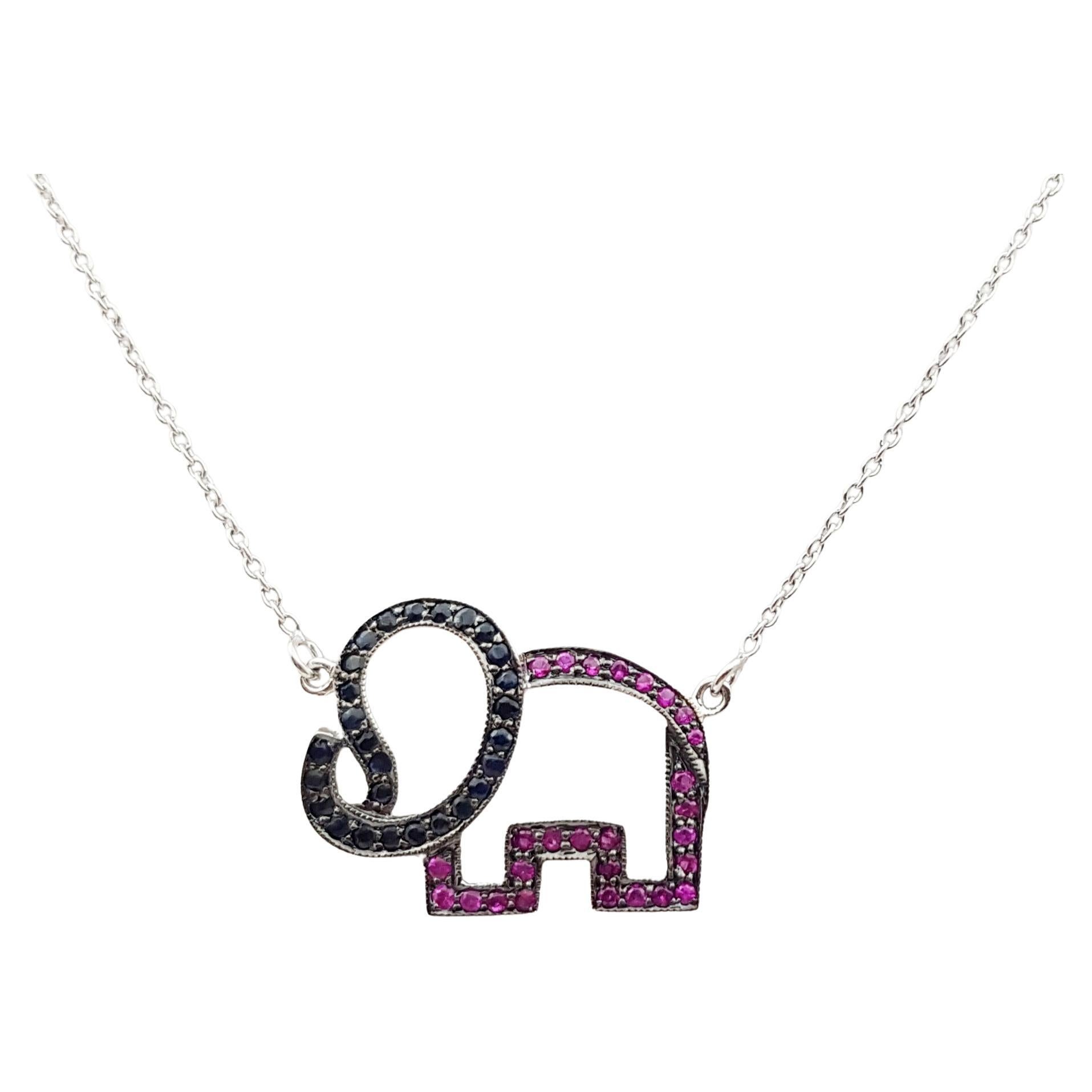 Elefanten-Halskette mit rosa Saphiren und schwarzen Saphiren in Silberfassung
