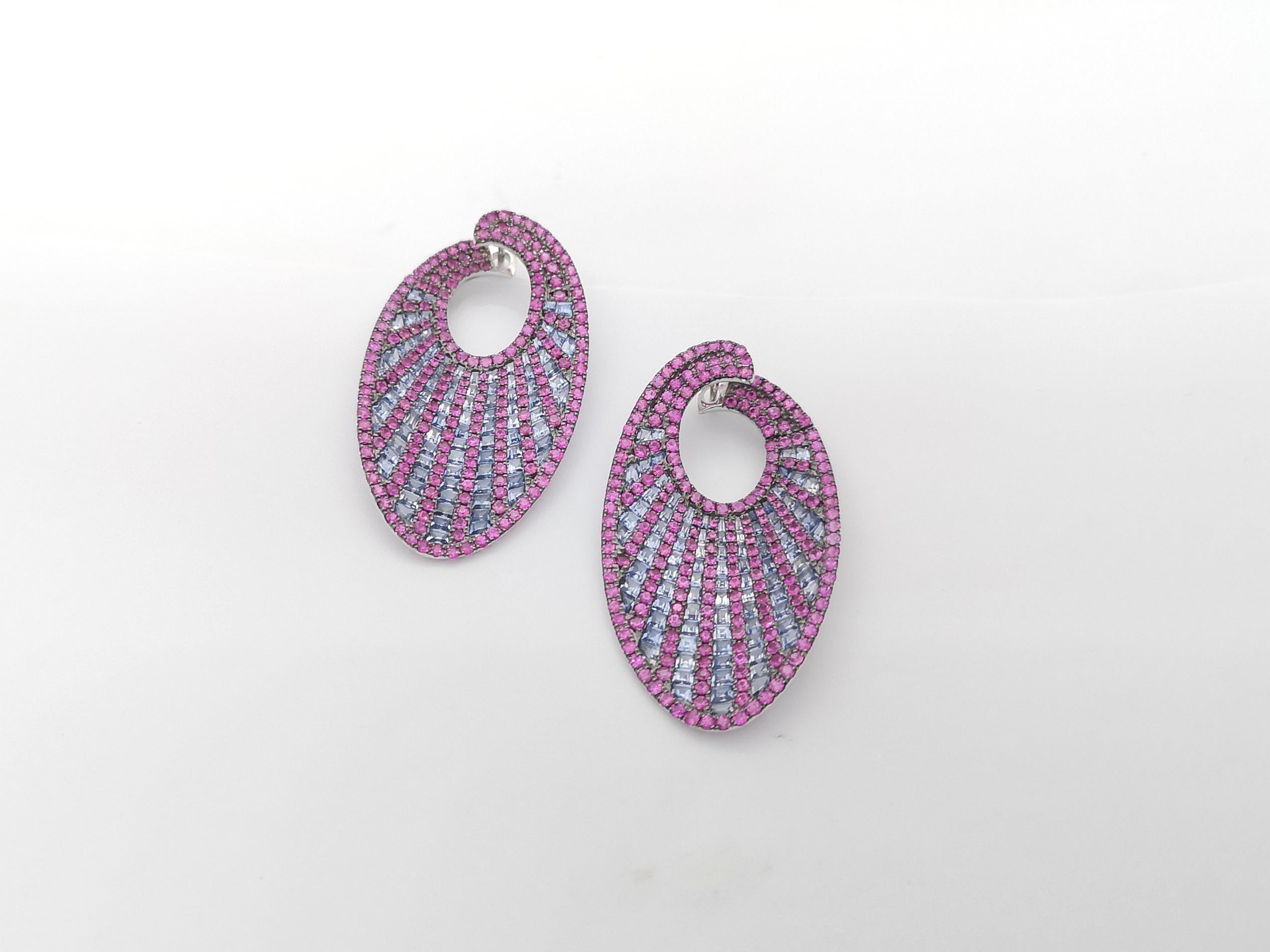 Mixed Cut Pink Sapphire and Blue Sapphire Earrings Set in 14K White Gold Settings