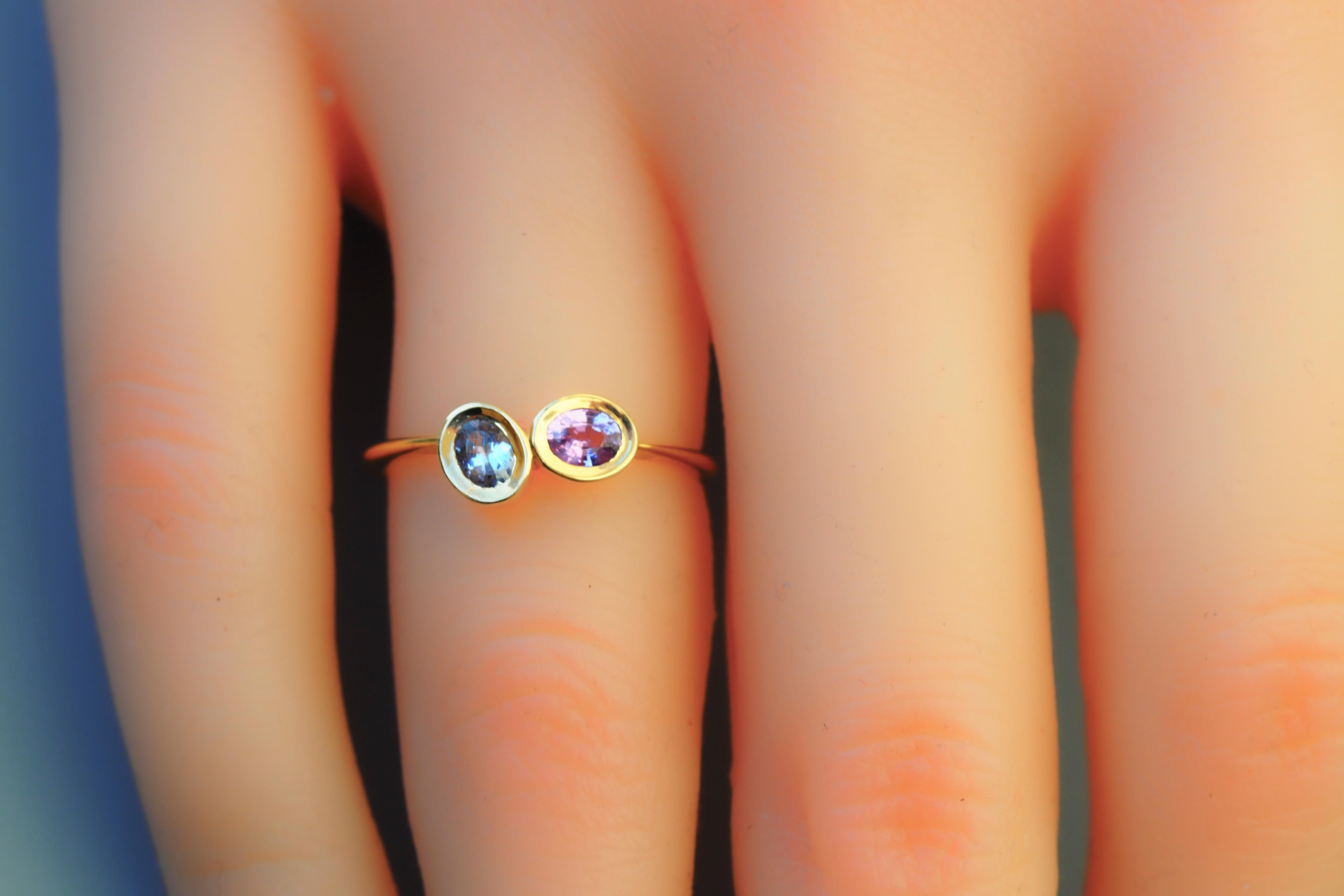 For Sale:  Pink sapphire and blue tanzanite 14k gold ring 9