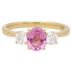 Pink Sapphire and Certified Diamond Trilogy Ring Set in 18k Yellow Gold