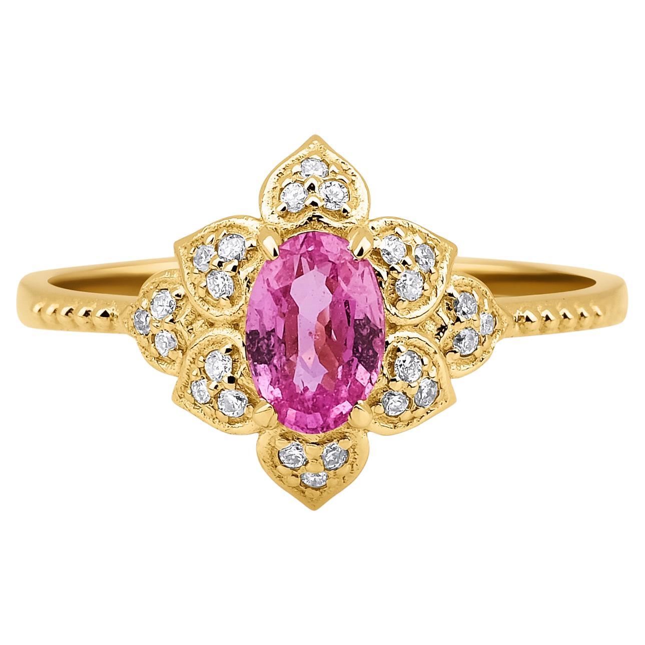 Pink Sapphire And Diamond 0.55ct Flower Solid Gold  Ring