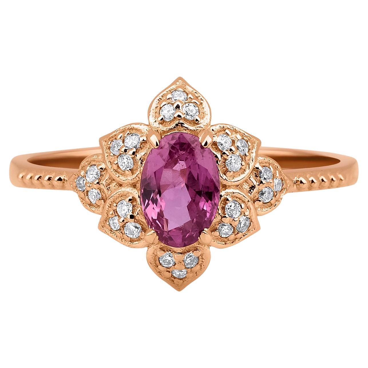 Pink Sapphire And Diamond 0.85ct Flower Solid Gold Ring For Sale