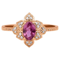 Zafiro Rosa Y Diamante 0,85ct Anillo Flor Oro Macizo