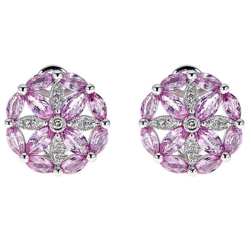 4.72 ct Pink Sapphire and Diamond Accent Flowers Stud Earring in 14k White Gold