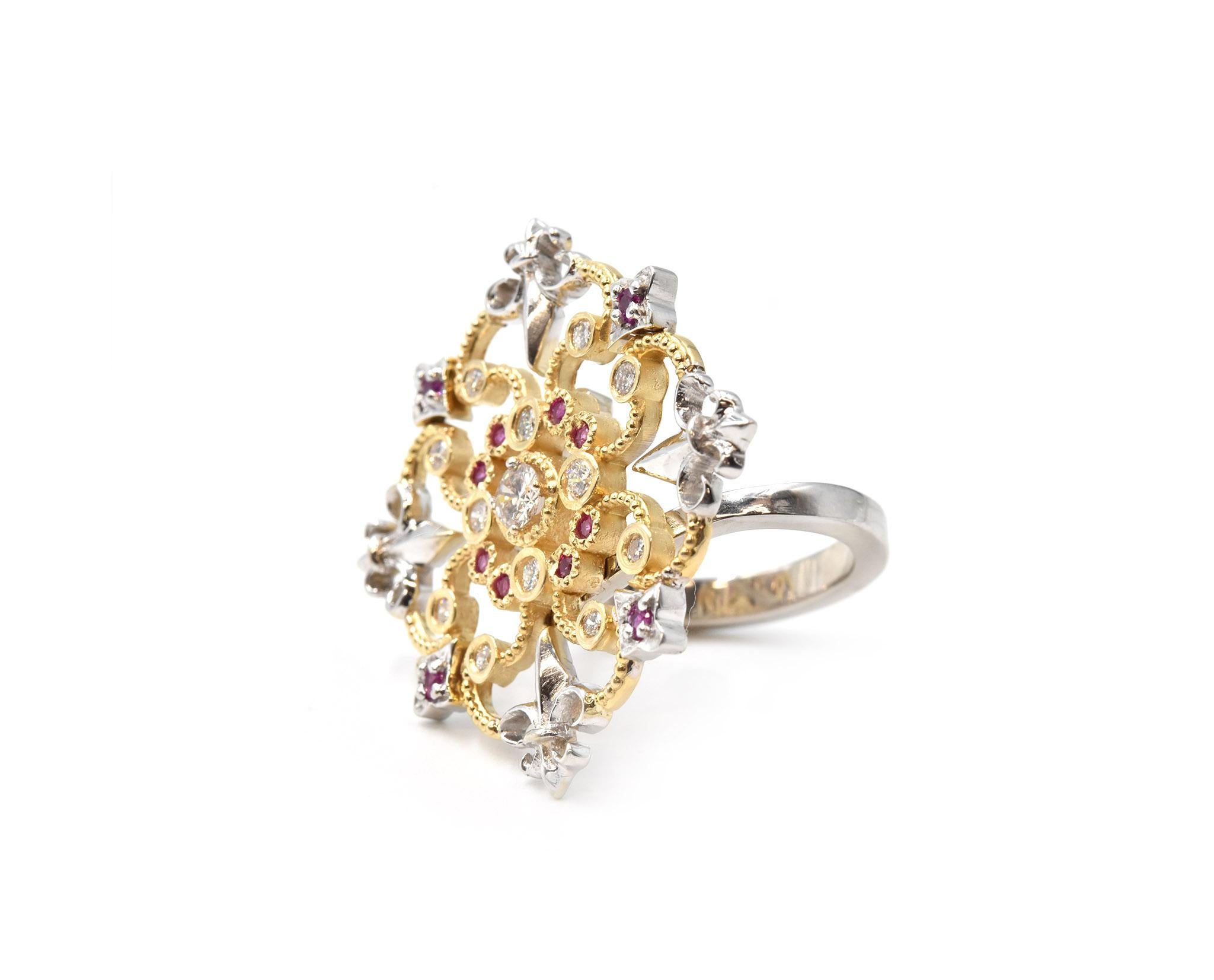 Round Cut Pink Sapphire and Diamond 14 Karat White and Yellow Gold Ring