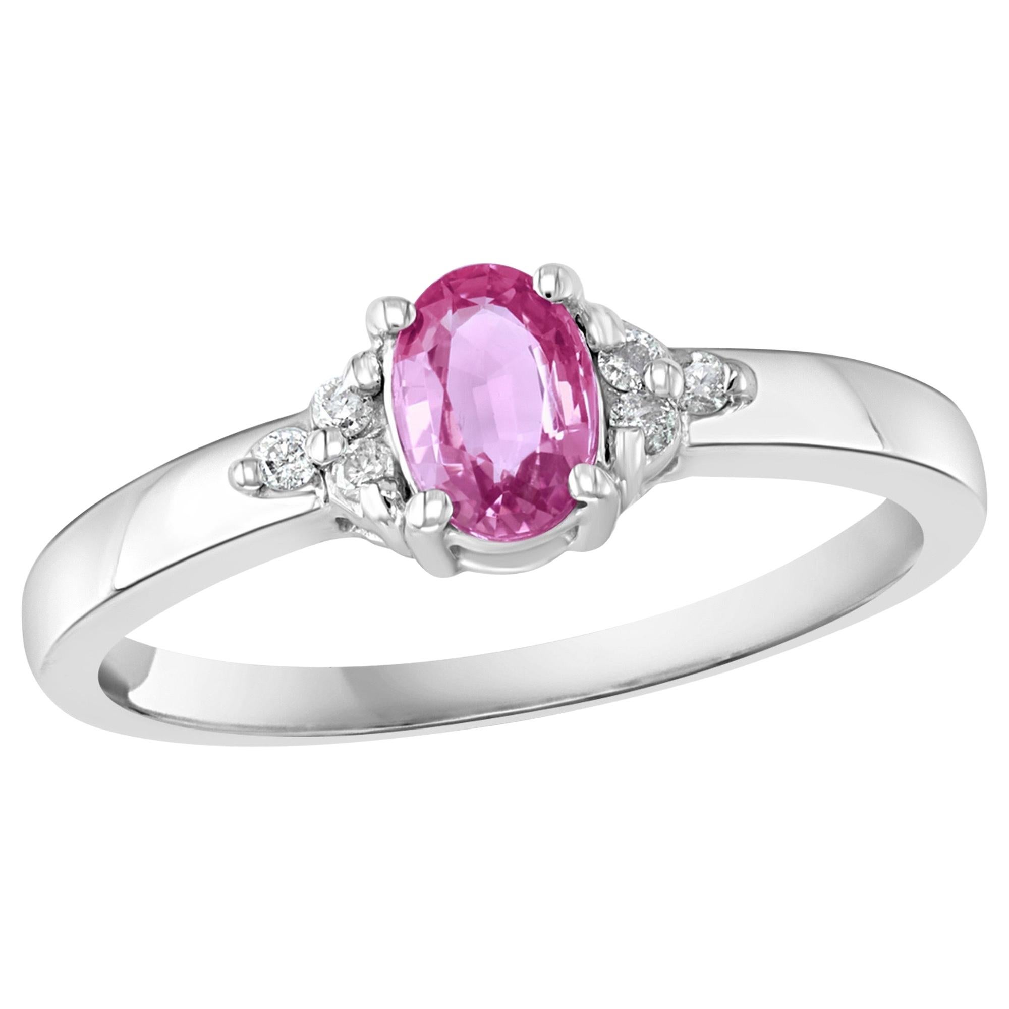 Pink Sapphire and Diamond 14 Karat White Gold Ring, Estate Size 6.5  For Sale
