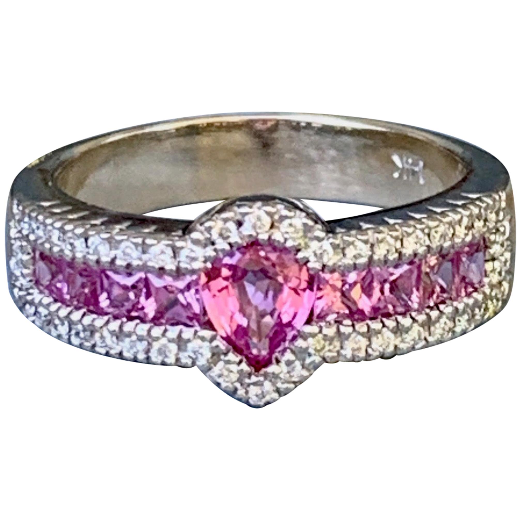 Pink Sapphire and Diamond 14 Karat White Gold Ring - Size 8 1/4 For Sale