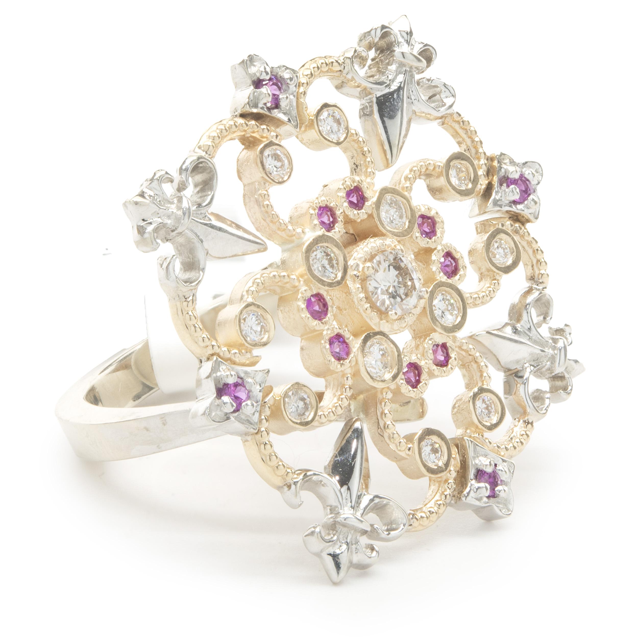 Designer: custom design
Material: 14k white and yellow gold
Pink Sapphire: 12 round cut = 0.18 carat weight
Diamonds: 13 round cut = 0.58 carat weight
Color: G
Clarity: VS
Ring Size: 7 ¼ (please allow two additional shipping days for sizing