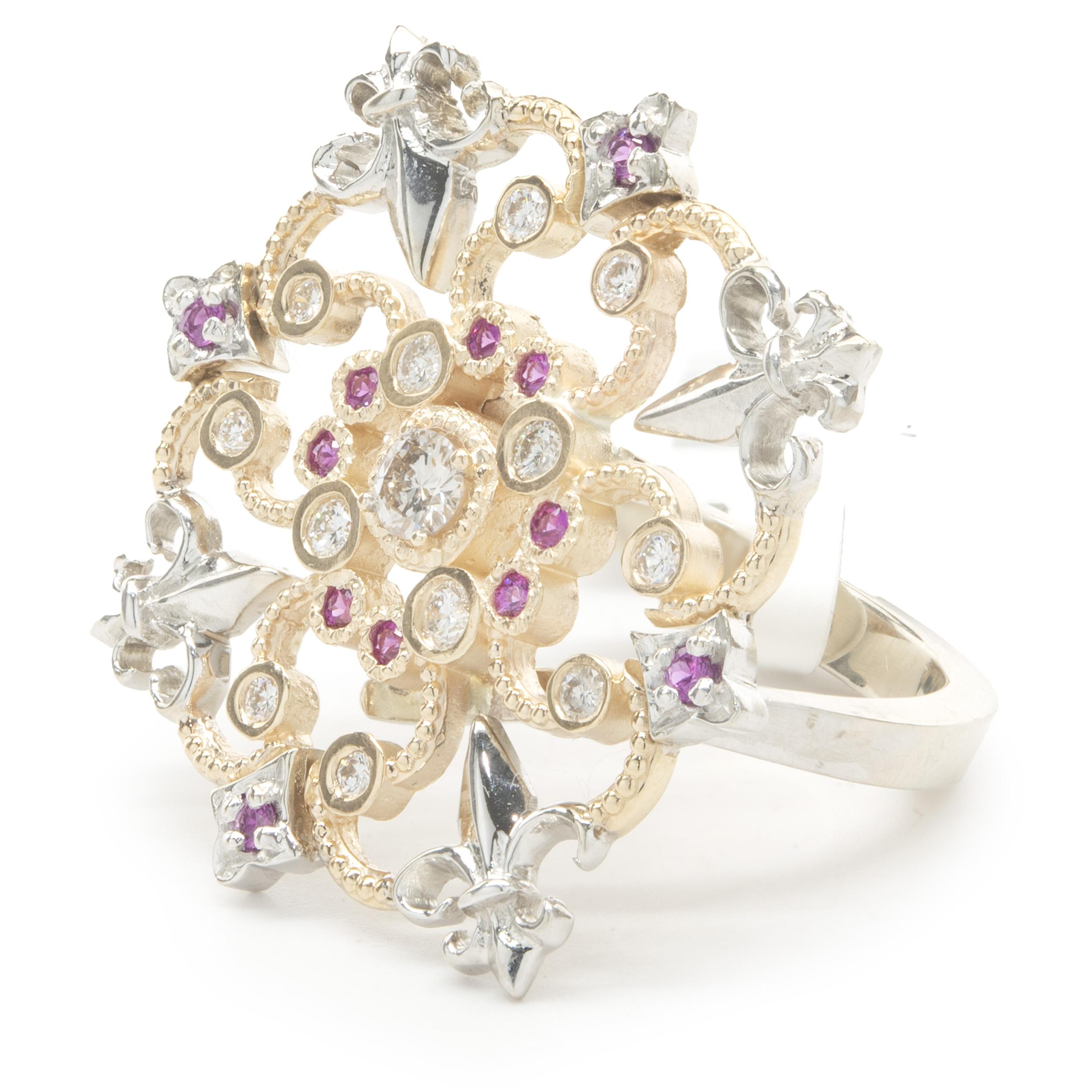 Round Cut Pink Sapphire and Diamond 14k White and Yellow Gold Ring For Sale