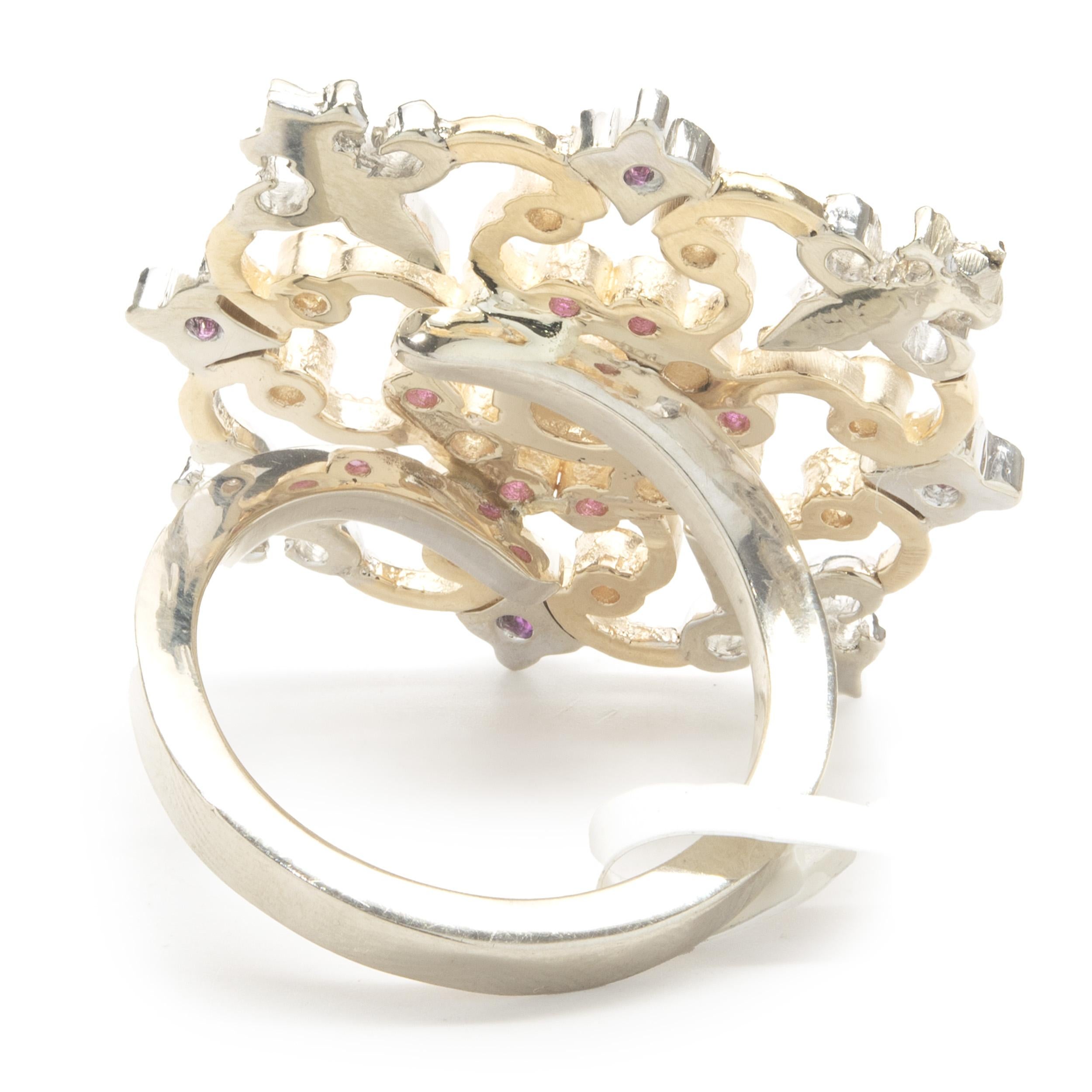 14k Weiß- und Gelbgold Ring mit rosa Saphiren und Diamanten im Zustand „Hervorragend“ im Angebot in Scottsdale, AZ