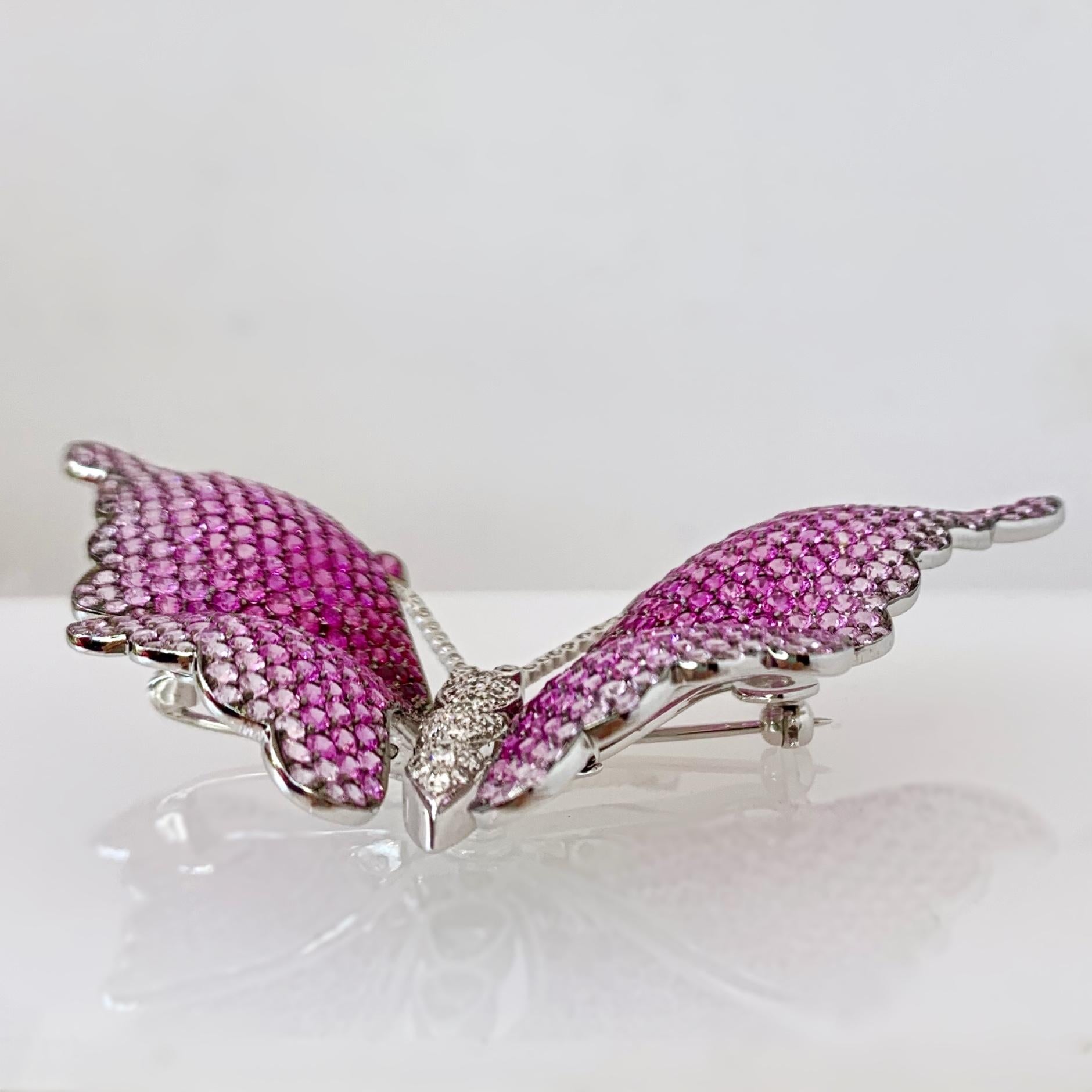 Round Cut Pink Sapphire and Diamond 18 Karat White Gold Butterfly Brooch For Sale