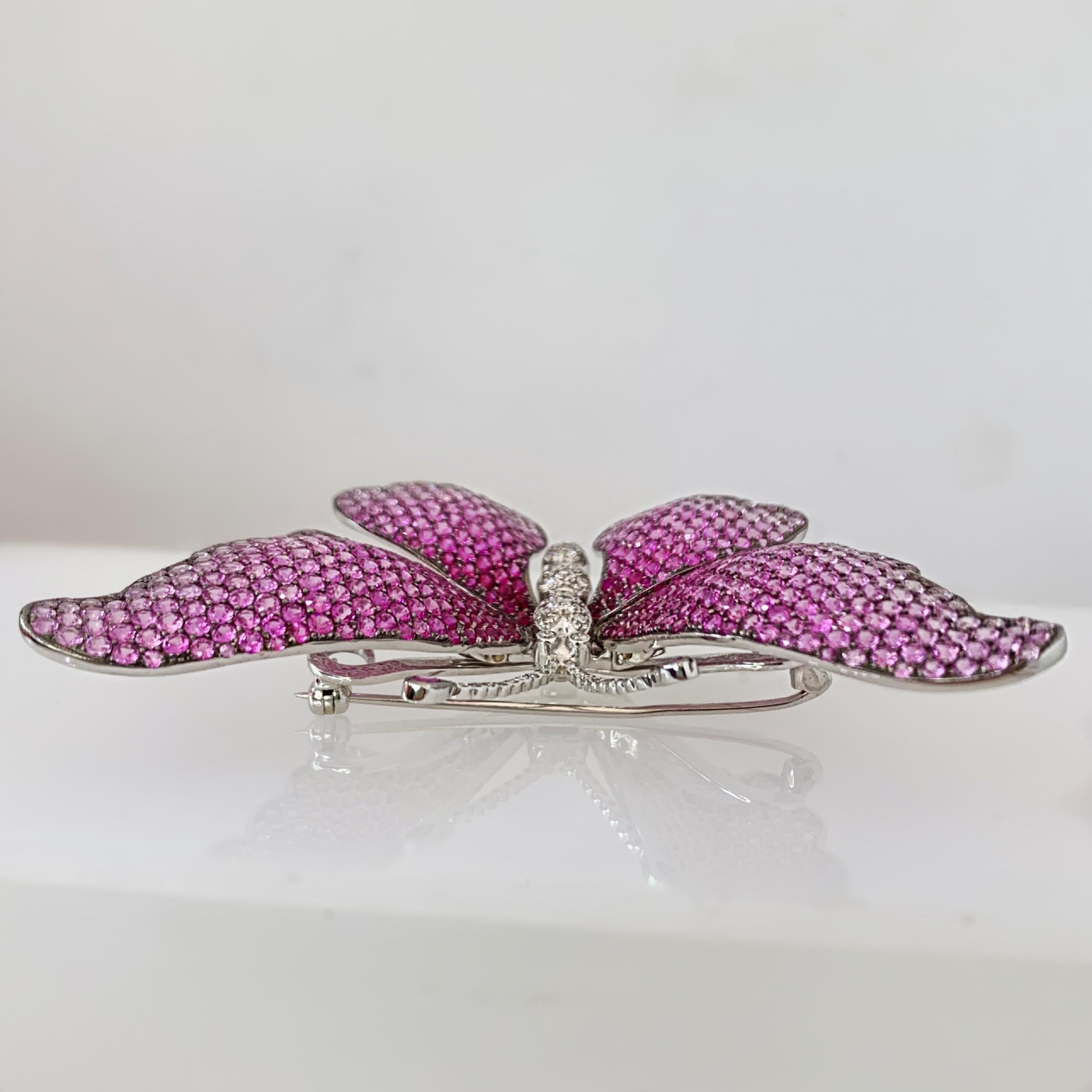Women's Pink Sapphire and Diamond 18 Karat White Gold Butterfly Brooch For Sale