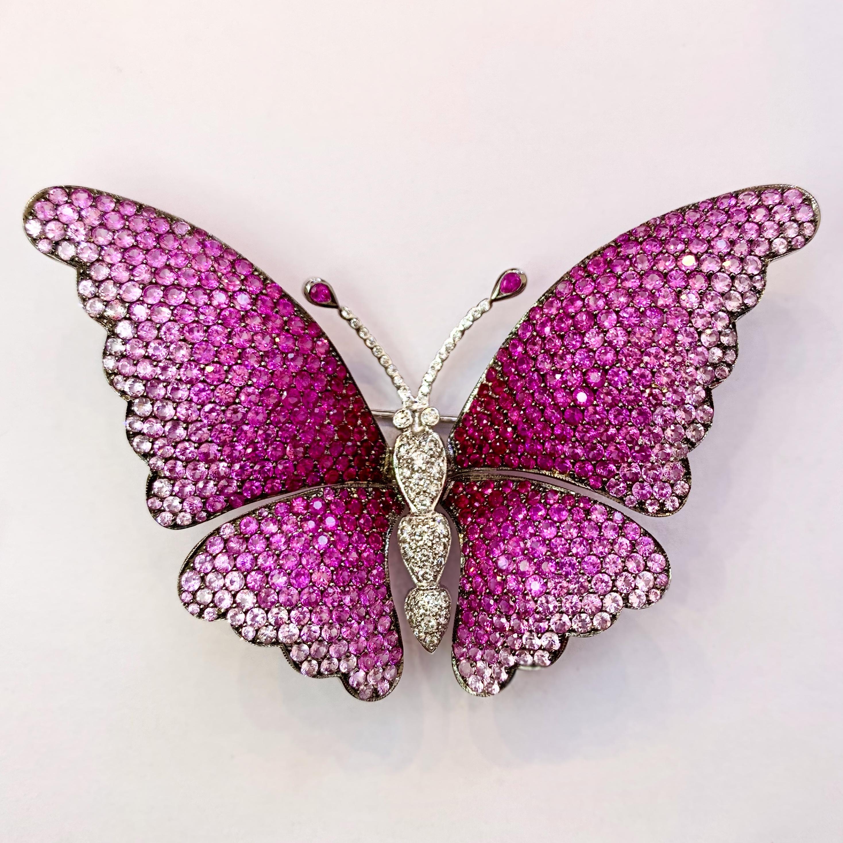 Pink Sapphire and Diamond 18 Karat White Gold Butterfly Brooch For Sale 1