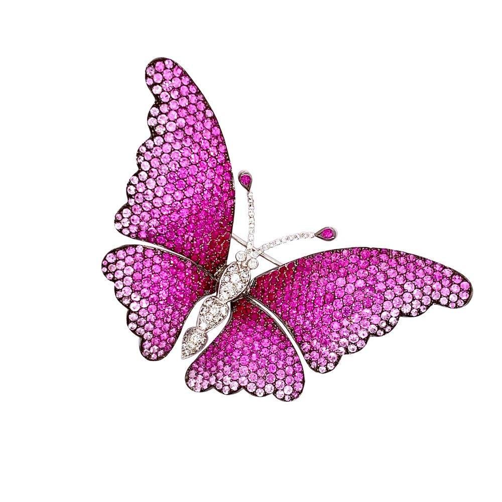 Pink Sapphire and Diamond 18 Karat White Gold Butterfly Brooch For Sale